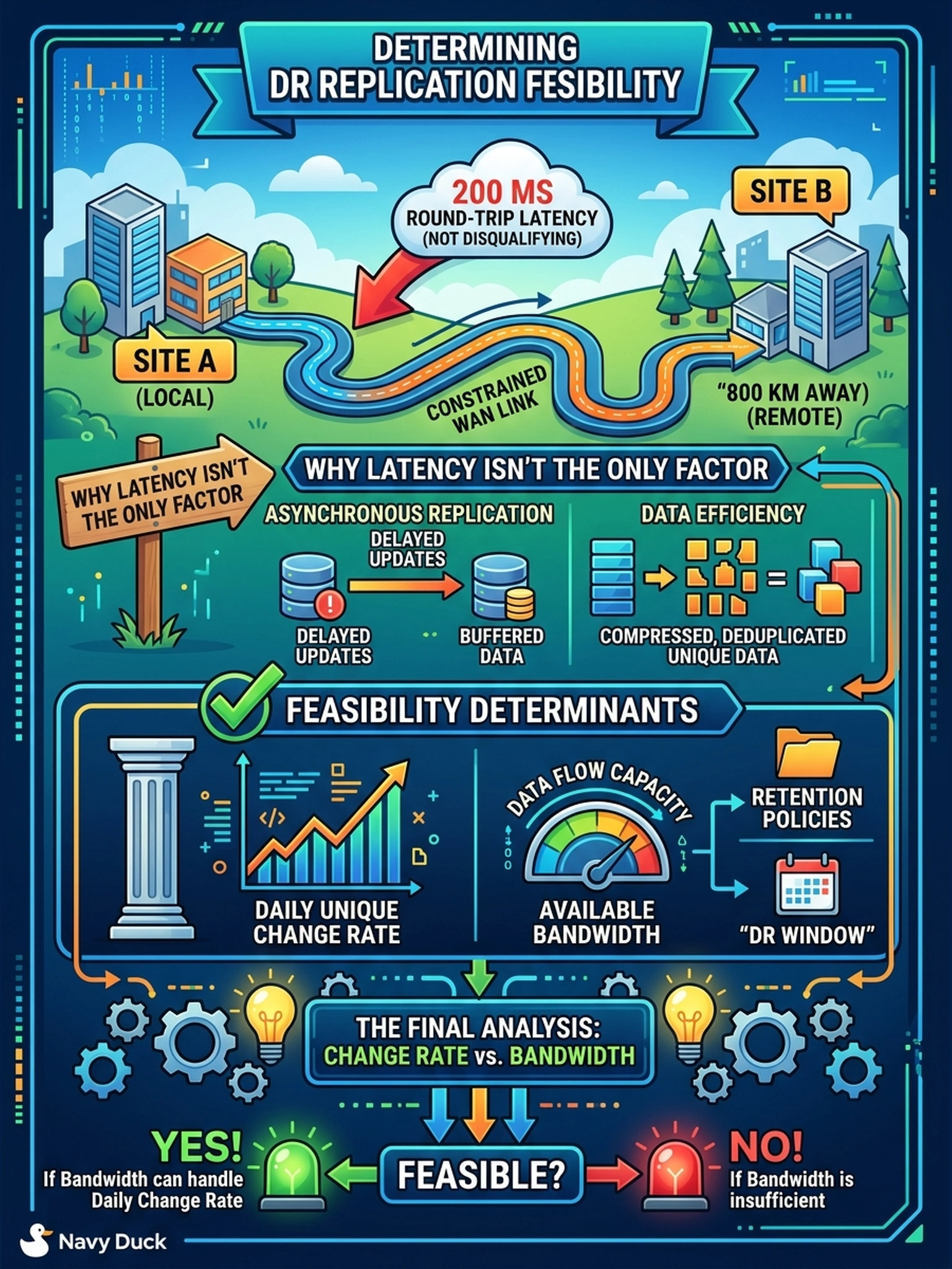 To Create an exciting colorful infographic that explains the concepts in the question: Question: The DR plan requires a replicated copy of a new Data Domain system at a site 800 km away, and the survey measured 200 ms round-trip latency on a constrained WAN link. What determines whether this replication design is feasible? Correct Answer: The daily unique change rate versus available bandwidth, because replication is asynchronous and ships only compressed, deduplicated unique data, so latency alone is not disqualifying. Put EVERY visible label in double quotes. No people. No A/B/C/D letters. In one of the four corners put a little "Navy Duck".