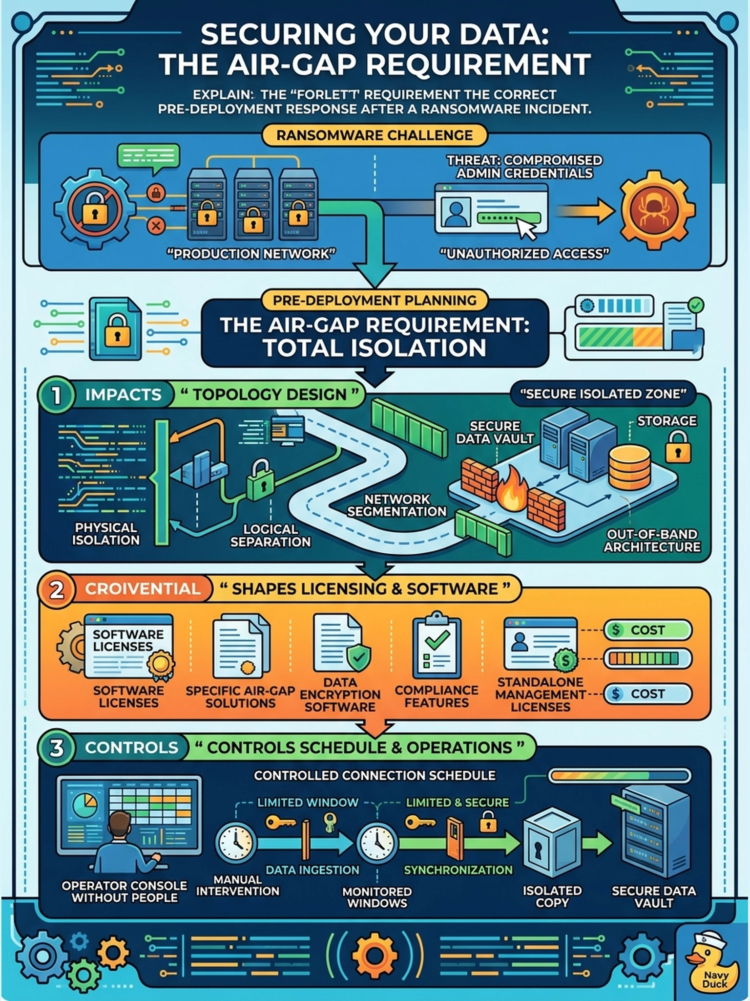 To Create an exciting colorful infographic that explains the concepts in the question: Question: After last year's ransomware incident, the customer demands a backup copy that an attacker holding production administrative credentials can never reach from the production network. Which pre-deployment response is correct? Correct Answer: Capture it now as an air-gap requirement, because it shapes the topology, licensing, and the schedule controlling how and when an isolated copy is connected. Put EVERY visible label in double quotes. No people. No A/B/C/D letters. In one of the four corners put a little "Navy Duck".