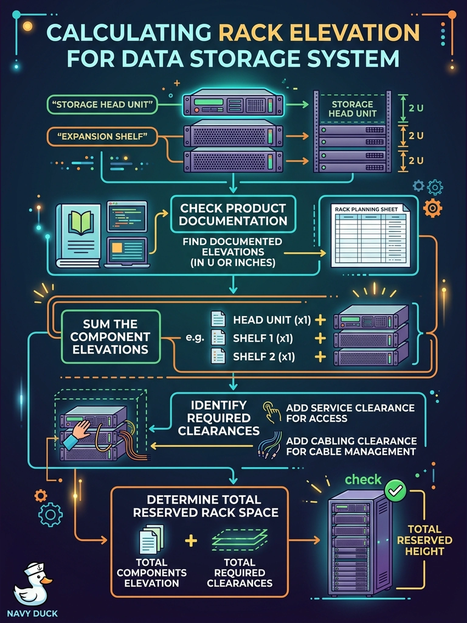 To Create an exciting colorful infographic that explains the concepts in the question: Question: The design calls for one Data Domain head unit plus two expansion shelves, and facilities asks how much rack elevation to reserve before the order ships. How should the engineer determine the correct amount? Correct Answer: Sum the documented elevations of the head and both shelves from the rack planning documentation, then add the required service and cabling clearances. Put EVERY visible label in double quotes. No people. No A/B/C/D letters. In one of the four corners put a little "Navy Duck".