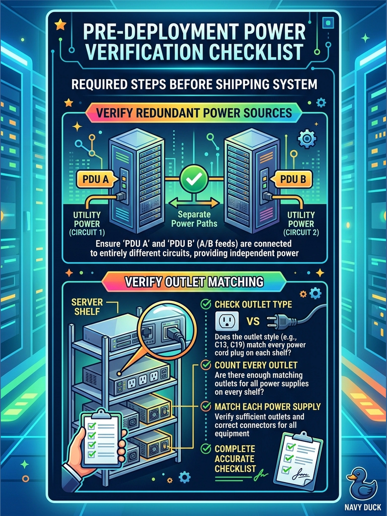 To Create an exciting colorful infographic that explains the concepts in the question: Question: During the site survey, facilities shows the engineer the target rack, which has two PDUs fed from a single circuit. What power verification belongs in the pre-deployment checklist before the system ships? Correct Answer: That redundant A/B feeds come from separate circuits, and that outlet types and counts match every power supply and cord of each shelf. Put EVERY visible label in double quotes. No people. No A/B/C/D letters. In one of the four corners put a little "Navy Duck".