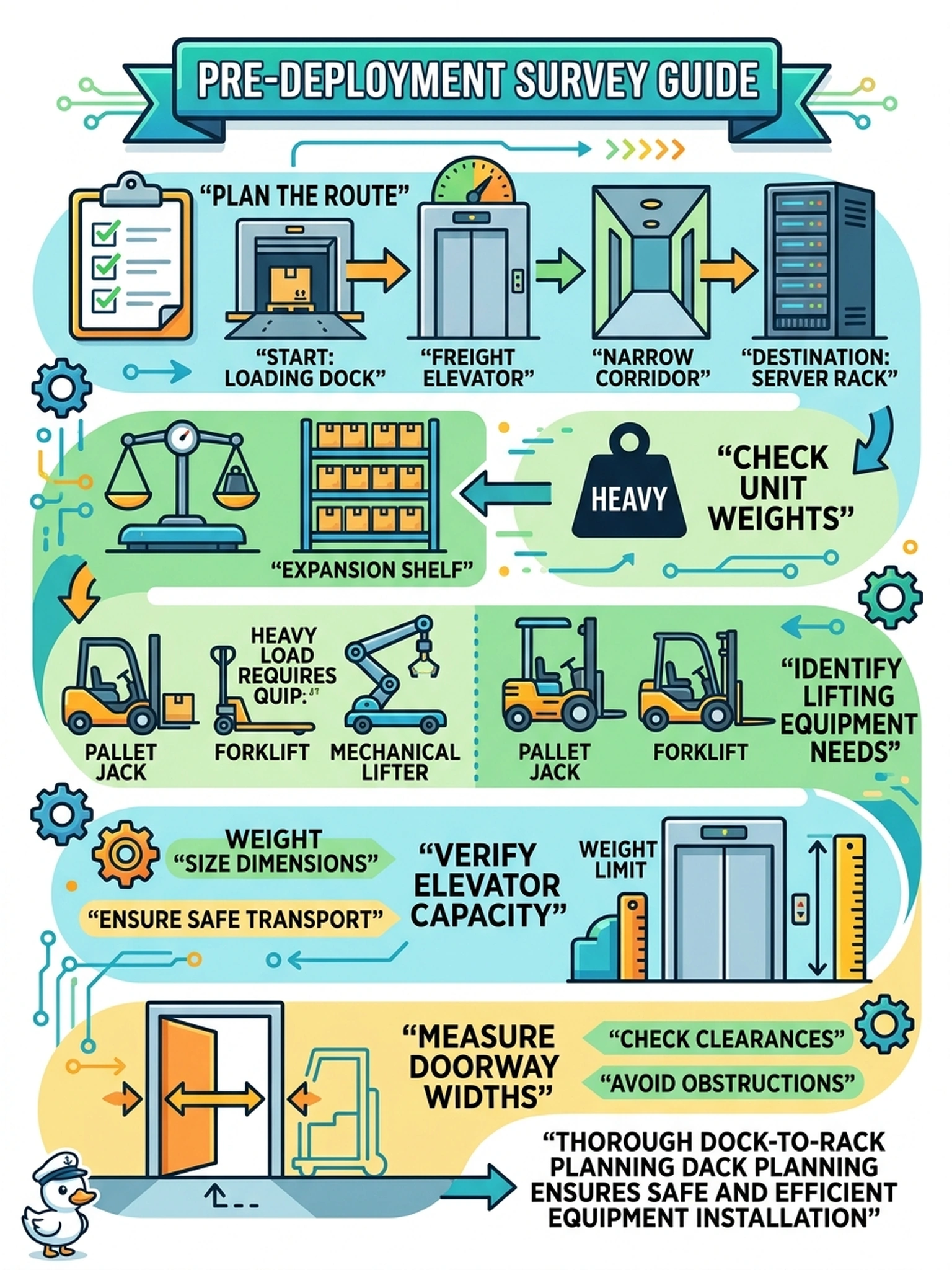 To Create an exciting colorful infographic that explains the concepts in the question: Question: A fully loaded expansion shelf is far too heavy for one person to carry, and the path from the loading dock crosses a freight elevator and a narrow corridor door. When and how should this be handled? Correct Answer: During the pre-deployment survey, by checking unit weights, lifting equipment needs, elevator capacity, and doorway widths along the entire dock-to-rack route. Put EVERY visible label in double quotes. No people. No A/B/C/D letters. In one of the four corners put a little "Navy Duck".