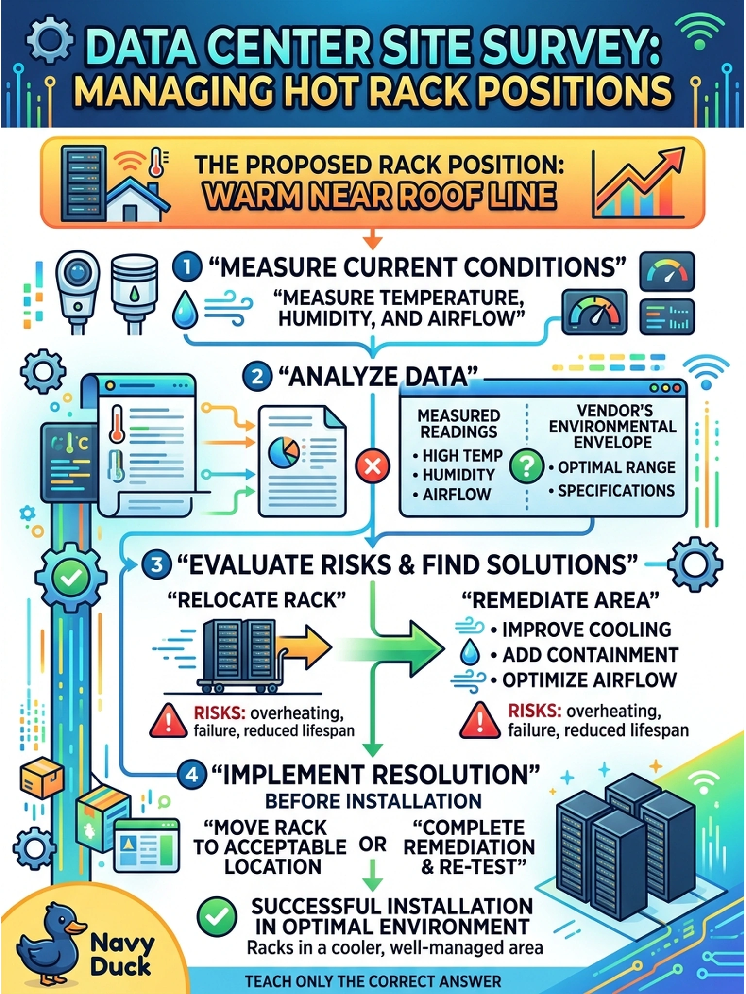 To Create an exciting colorful infographic that explains the concepts in the question: Question: The proposed rack position sits near a roof line where the data center runs warm, and summer readings have crept above the mid-20s Celsius. What should the engineer do about this during the site survey? Correct Answer: Check the planned position's measured temperature, humidity, and airflow against the documented environmental envelope, and relocate or remediate before install. Put EVERY visible label in double quotes. No people. No A/B/C/D letters. In one of the four corners put a little "Navy Duck".
