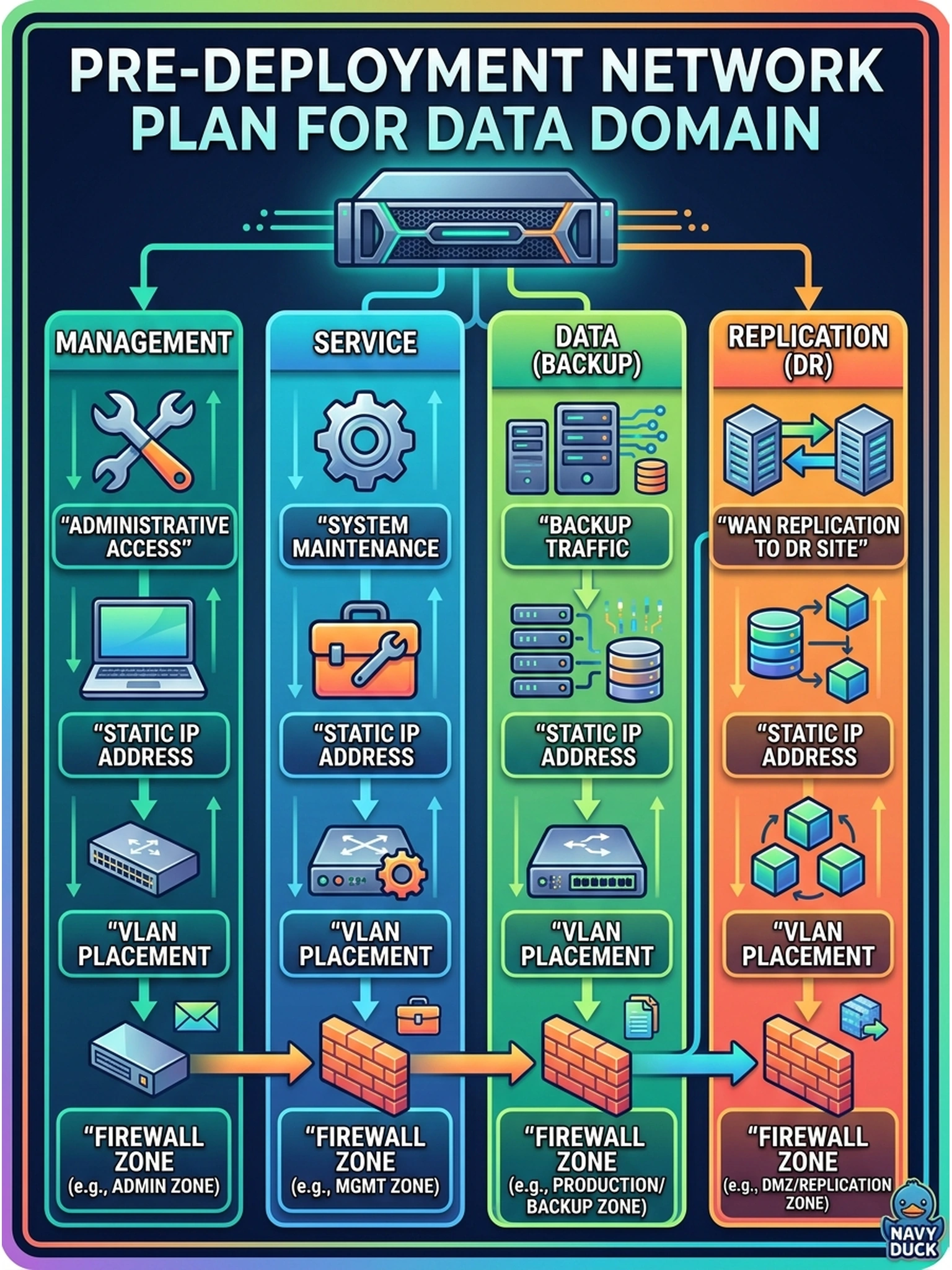 To Create an exciting colorful infographic that explains the concepts in the question: Question: Before arrival, the network team asks what the Data Domain deployment will need in writing. The system must support administrative access, backup traffic, and replication to the DR site. What should the pre-deployment network plan contain? Correct Answer: Pre-allocated static addresses and VLAN placement for each function—management, service, data, and replication—with the firewall zone for each identified. Put EVERY visible label in double quotes. No people. No A/B/C/D letters. In one of the four corners put a little "Navy Duck".