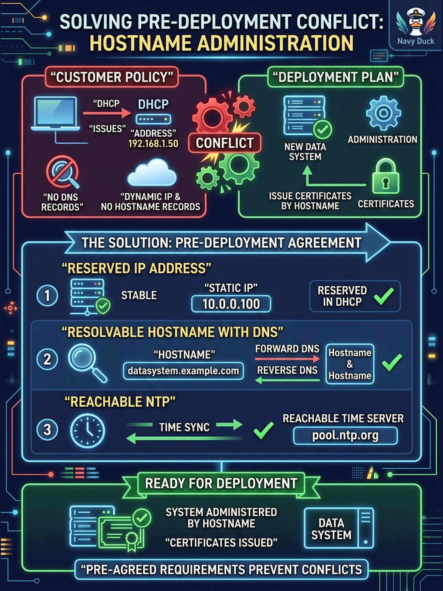 To Create an exciting colorful infographic that explains the concepts in the question: Question: The customer's policy issues every device an address through DHCP with no DNS records, but the deployment plan wants to administer the new Data Domain system and issue its certificates by hostname. Which pre-deployment requirement resolves this conflict? Correct Answer: A reserved, resolvable hostname with forward and reverse DNS for the system, plus reachable NTP, agreed with the customer before bring-up. Put EVERY visible label in double quotes. No people. No A/B/C/D letters. In one of the four corners put a little "Navy Duck".