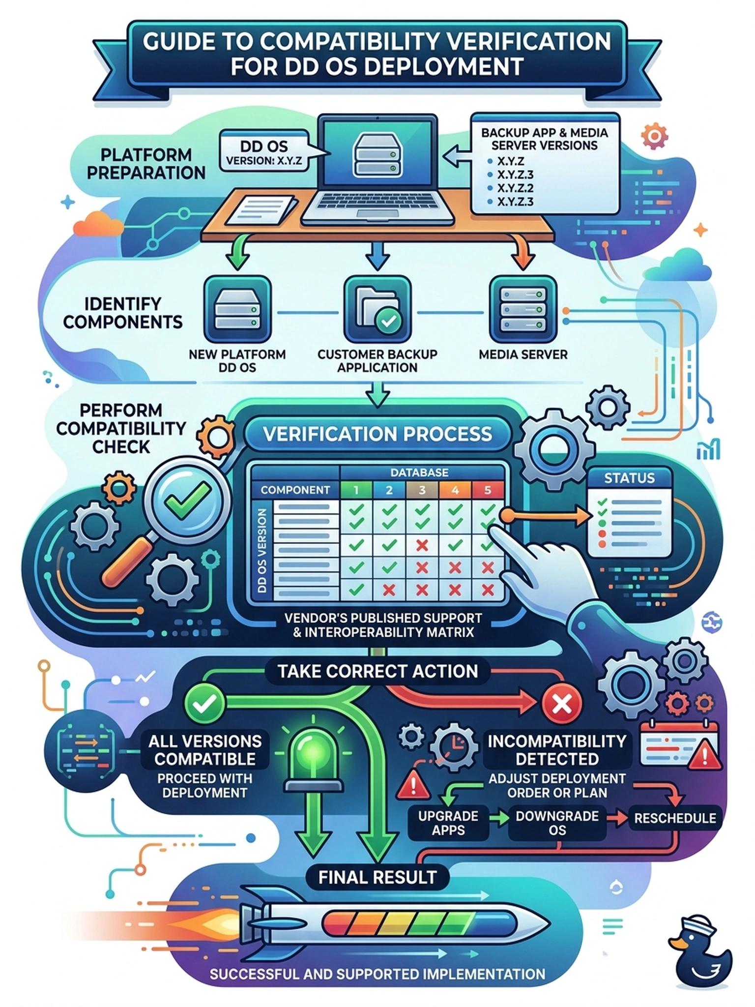 To Create an exciting colorful infographic that explains the concepts in the question: Question: Before shipping, an engineer notes the DD OS version the new platform will run and the customer's backup application and media server versions. What is the correct compatibility action, and where does the answer come from? Correct Answer: Verify the planned DD OS level against the vendor's published support and interoperability matrix for each backup application component, and adjust the order or plan before deploying. Put EVERY visible label in double quotes. No people. No A/B/C/D letters. In one of the four corners put a little "Navy Duck".
