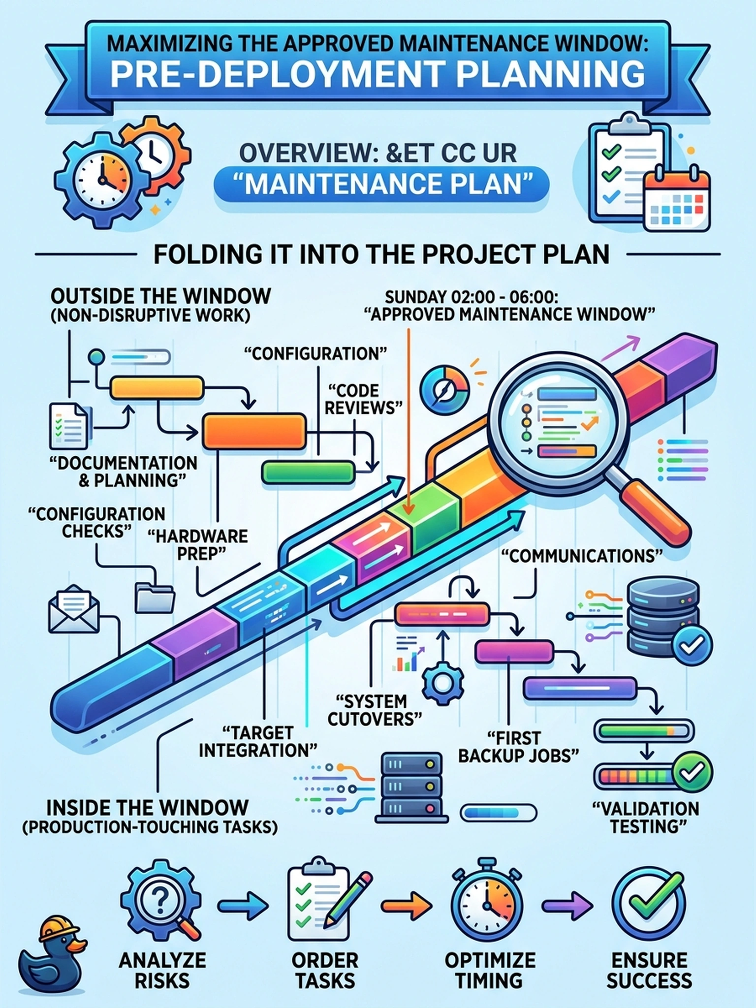 To Create an exciting colorful infographic that explains the concepts in the question: Question: The customer's change board approves exactly one maintenance window, Sunday from 02:00 to 06:00, for introducing the new backup target to production. What should the engineer do with that information during pre-deployment planning? Correct Answer: Fold it into the project plan, sequencing every production-touching task—integration, cutovers, first backups—inside the approved window and non-disruptive work outside it. Put EVERY visible label in double quotes. No people. No A/B/C/D letters. In one of the four corners put a little "Navy Duck".