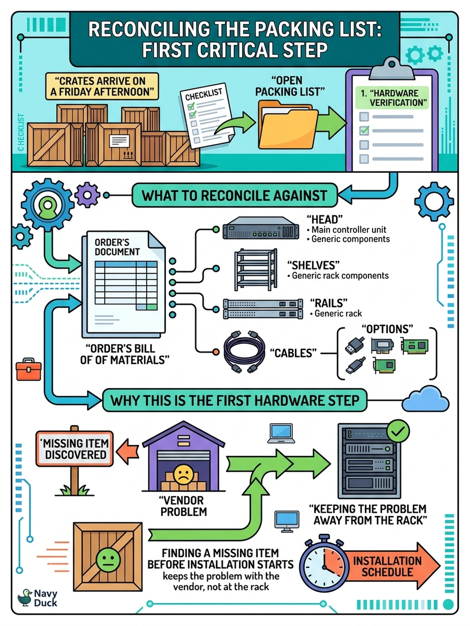 To Create an exciting colorful infographic that explains the concepts in the question: Question: Crates arrive on a Friday afternoon. Working through the installation checklist, the engineer opens the packing list. What is the engineer reconciling it against, and why is that the checklist's first hardware step? Correct Answer: The order's bill of materials—head, shelves, rails, cables, options—because finding a missing item before installation starts keeps the problem with the vendor, not at the rack. Put EVERY visible label in double quotes. No people. No A/B/C/D letters. In one of the four corners put a little "Navy Duck".