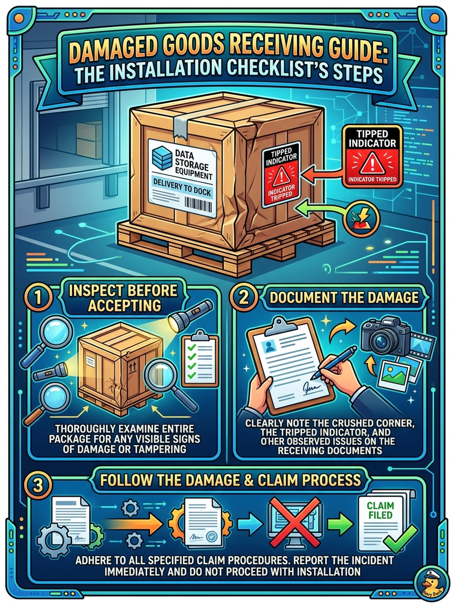 To Create an exciting colorful infographic that explains the concepts in the question: Question: At the dock, a carton holding new Data Domain gear shows a crushed corner, and the tipped-package indicator on its side has tripped. The carrier driver waits for a signature. What does the installation checklist's receiving step tell the engineer to do? Correct Answer: Inspect before accepting, document the damage and the tripped indicator per the checklist, and follow the documented damage and claim process before installing the unit. Put EVERY visible label in double quotes. No people. No A/B/C/D letters. In one of the four corners put a little "Navy Duck".
