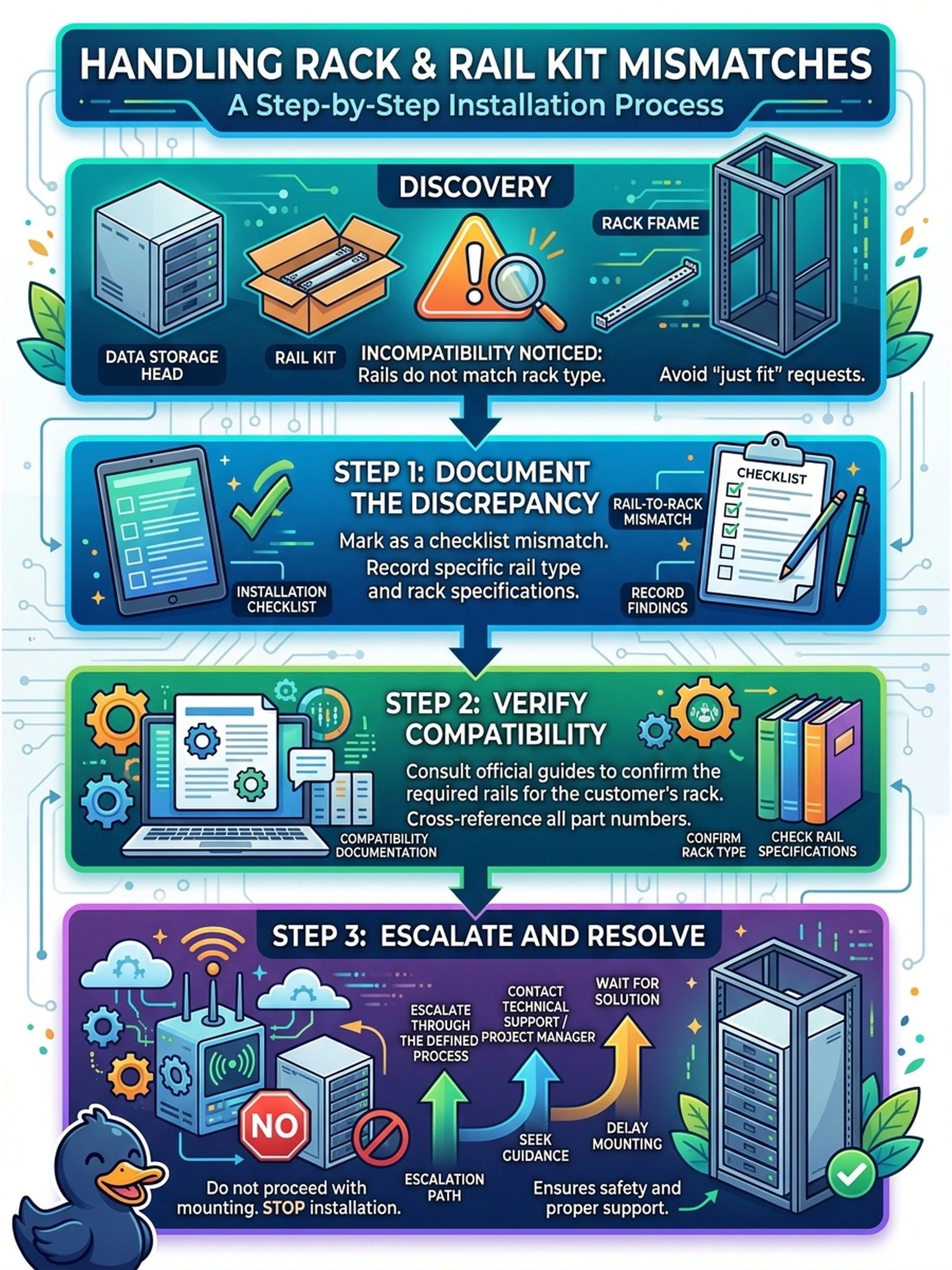 To Create an exciting colorful infographic that explains the concepts in the question: Question: Pre-staging a PowerProtect Data Domain head unit, the engineer opens the rail kit and notices the shipped rails don't match the customer's rack type. The customer's team wants to 'just mount it, it will fit.' What does the installation checklist tell the engineer to do? Correct Answer: Treat it as a documented checklist mismatch: verify the rack type against the rail kit's compatibility documentation, record the discrepancy, and escalate through the defined process before mounting anything. Put EVERY visible label in double quotes. No people. No A/B/C/D letters. In one of the four corners put a little "Navy Duck".