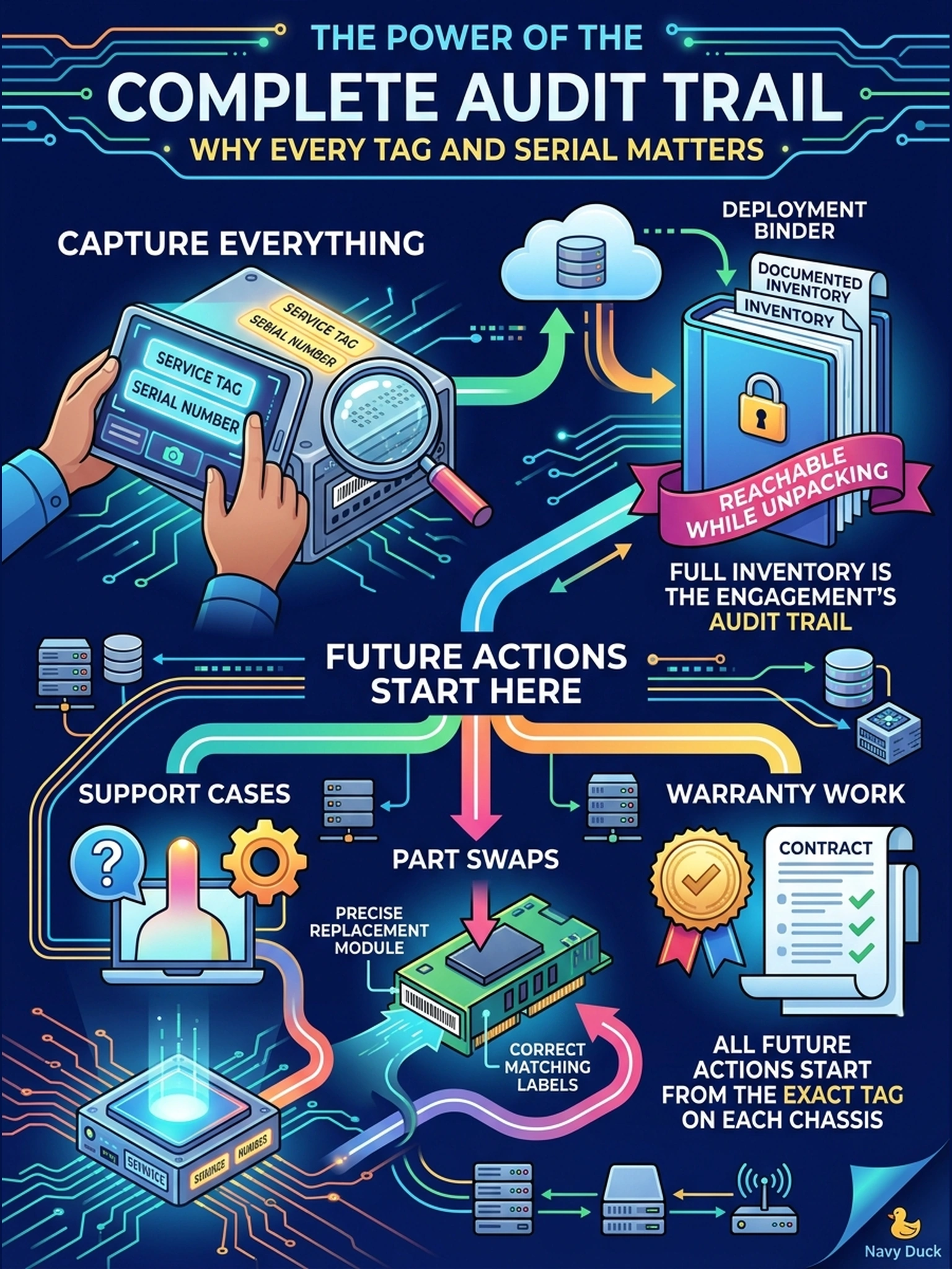 To Create an exciting colorful infographic that explains the concepts in the question: Question: During receiving, the project manager asks why the engineer is photographing every service tag and serial number into the deployment binder instead of just typing in the head unit's serial. What is the best answer? Correct Answer: The tag and serial inventory is the engagement's audit trail—support cases, part swaps and warranty work all start from the exact tag on each chassis, so every unit must be captured while it is out and reachable. Put EVERY visible label in double quotes. No people. No A/B/C/D letters. In one of the four corners put a little "Navy Duck".