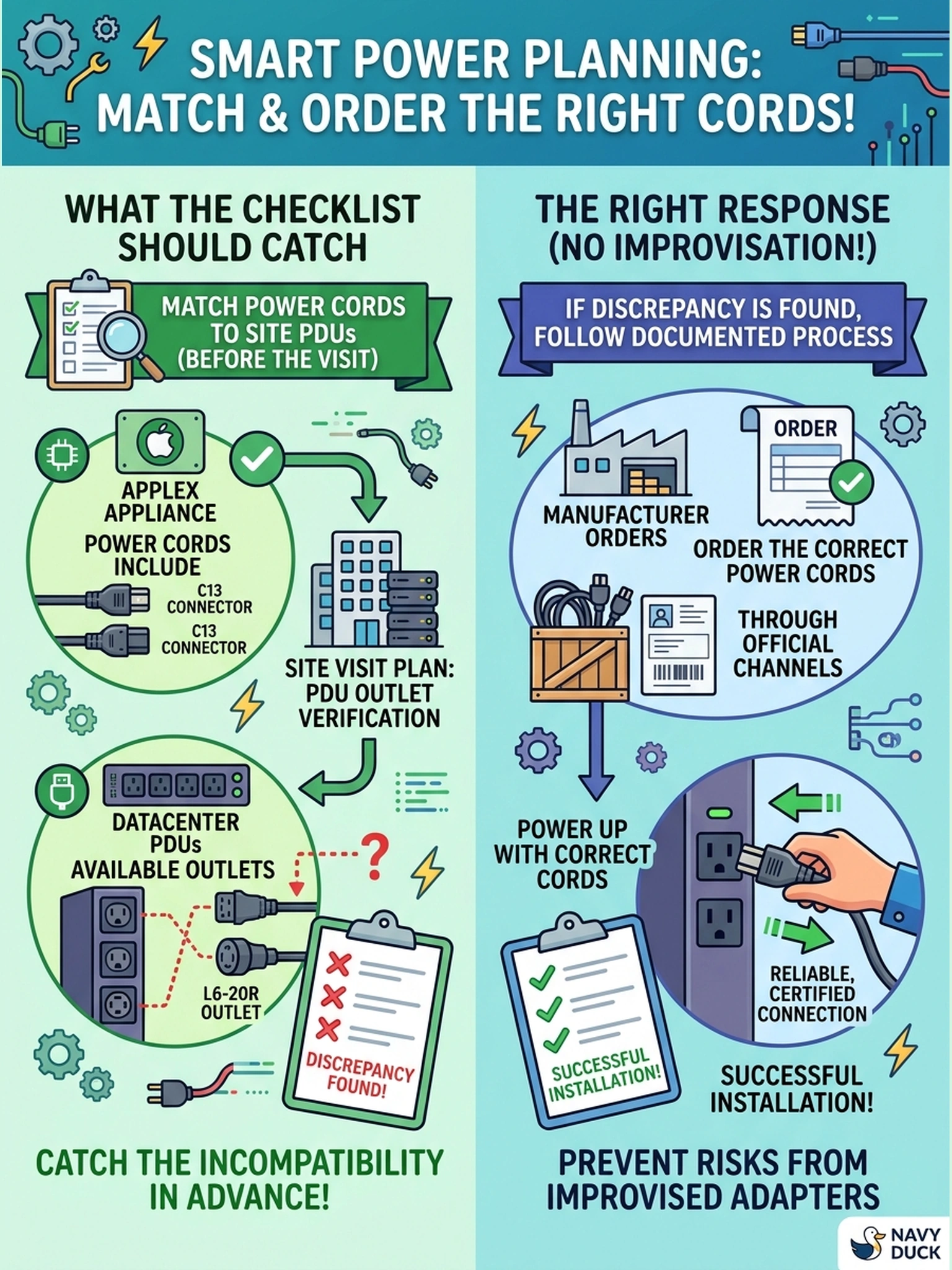 To Create an exciting colorful infographic that explains the concepts in the question: Question: At unboxing, the power cords included with the appliance end in a connector type the customer's PDUs don't have, and someone reaches for a third-party adapter. What should the installation checklist's power section have caught, and what is the right response? Correct Answer: The checklist should have matched the cord connector types to the site's PDU outlets before the visit; when they don't match, order the correct cords through the documented process rather than improvising adapters. Put EVERY visible label in double quotes. No people. No A/B/C/D letters. In one of the four corners put a little "Navy Duck".