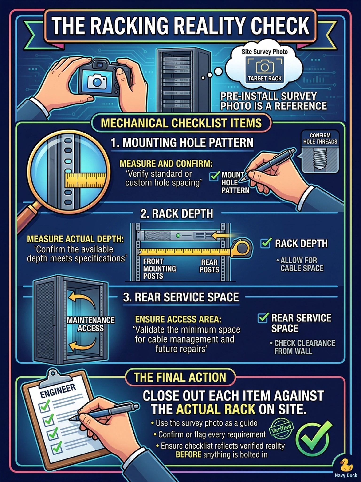 To Create an exciting colorful infographic that explains the concepts in the question: Question: A site-survey photo shows the target rack, and the engineer is about to rack the head unit on the morning of the install. How should the installation checklist's rack and mechanical section—mounting hole pattern, rack depth, rear service space—be handled? Correct Answer: Close out each mechanical item against the actual rack on site, confirming or flagging every one—the survey photo informs the review, but the checklist must reflect verified reality before anything is bolted in. Put EVERY visible label in double quotes. No people. No A/B/C/D letters. In one of the four corners put a little "Navy Duck".