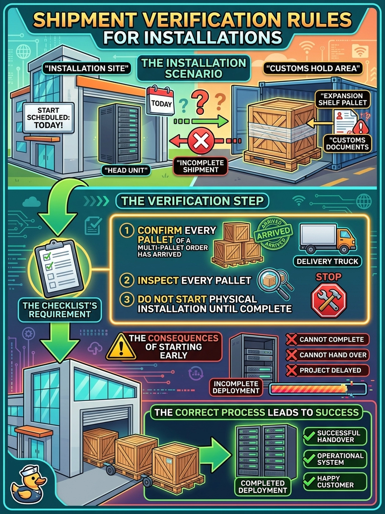 To Create an exciting colorful infographic that explains the concepts in the question: Question: On install morning the head unit is staged and the schedule says start today, yet the paperwork shows the expansion shelf's pallet is still sitting in customs. What does the installation checklist's shipment-verification step call for? Correct Answer: Confirm every pallet of a multi-pallet order has arrived and been inspected before starting the physical installation; installing the head alone leaves a deployment that cannot be completed or handed over. Put EVERY visible label in double quotes. No people. No A/B/C/D letters. In one of the four corners put a little "Navy Duck".