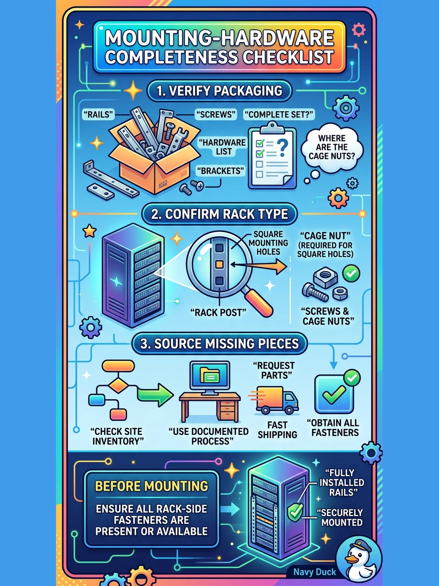 To Create an exciting colorful infographic that explains the concepts in the question: Question: The customer's rack uses square mounting holes, and the rail kit's hardware list shows screws that mate with cage nuts—yet the box contains screws and no cage nuts. What does the checklist's mounting-hardware step call for? Correct Answer: Verify mounting-hardware completeness including rack-side fasteners: confirm cage nuts for the square-hole rack are included or available on site, and source missing pieces through the documented process before mounting. Put EVERY visible label in double quotes. No people. No A/B/C/D letters. In one of the four corners put a little "Navy Duck".