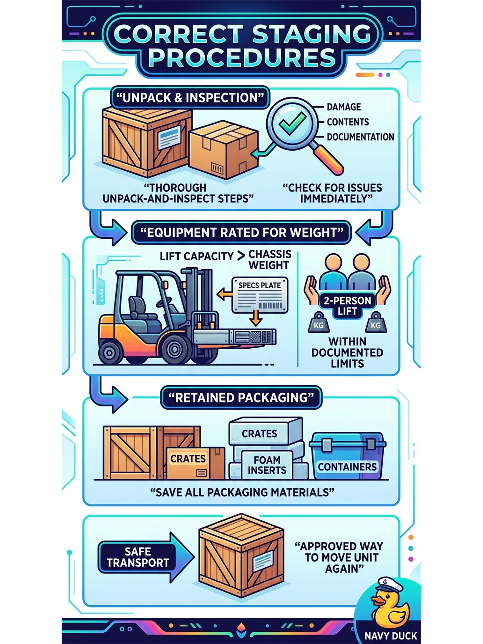 To Create an exciting colorful infographic that explains the concepts in the question: Question: At the staging area before racking, the checklist calls for unpack-and-inspection steps and handling-equipment guidance. The team's lift is rated below the loaded chassis weight and someone suggests 'being careful instead.' What does correct staging practice require? Correct Answer: Follow the unpack-and-inspect steps, handle the chassis only with equipment rated for its listed weight or by two-person lift within documented limits, and retain the packaging—it is the approved way to move the unit again later. Put EVERY visible label in double quotes. No people. No A/B/C/D letters. In one of the four corners put a little "Navy Duck".