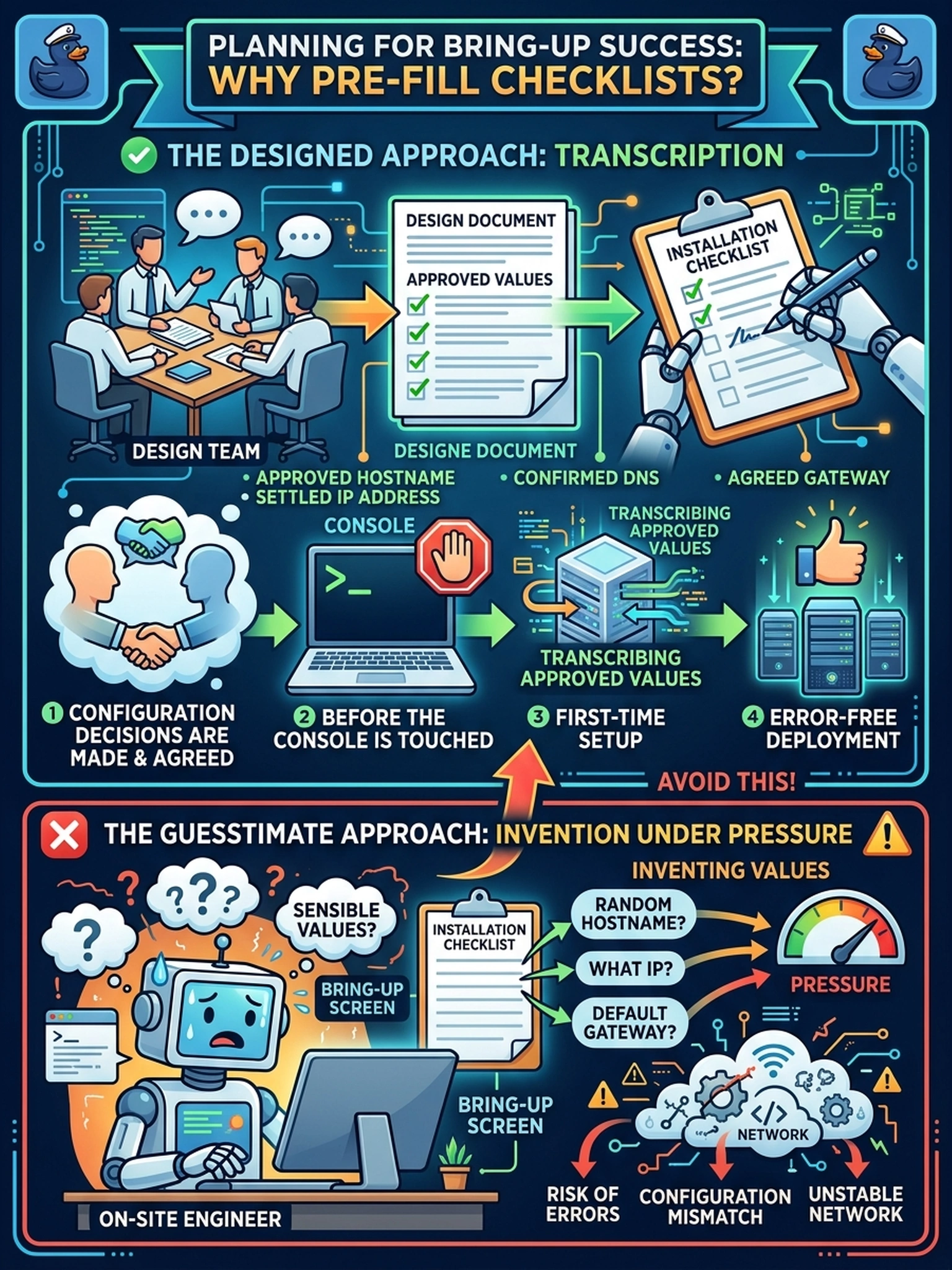 To Create an exciting colorful infographic that explains the concepts in the question: Question: The installation checklist has blanks for hostname, the management addressing choice between static and DHCP, and the DNS and gateway entries. The on-site engineer plans to 'pick sensible values at bring-up.' What does the checklist intend by having these filled from the design document beforehand? Correct Answer: Every bring-up configuration decision is made and agreed before the console is touched, so first-time setup is transcribing approved values instead of inventing them under pressure. Put EVERY visible label in double quotes. No people. No A/B/C/D letters. In one of the four corners put a little "Navy Duck".