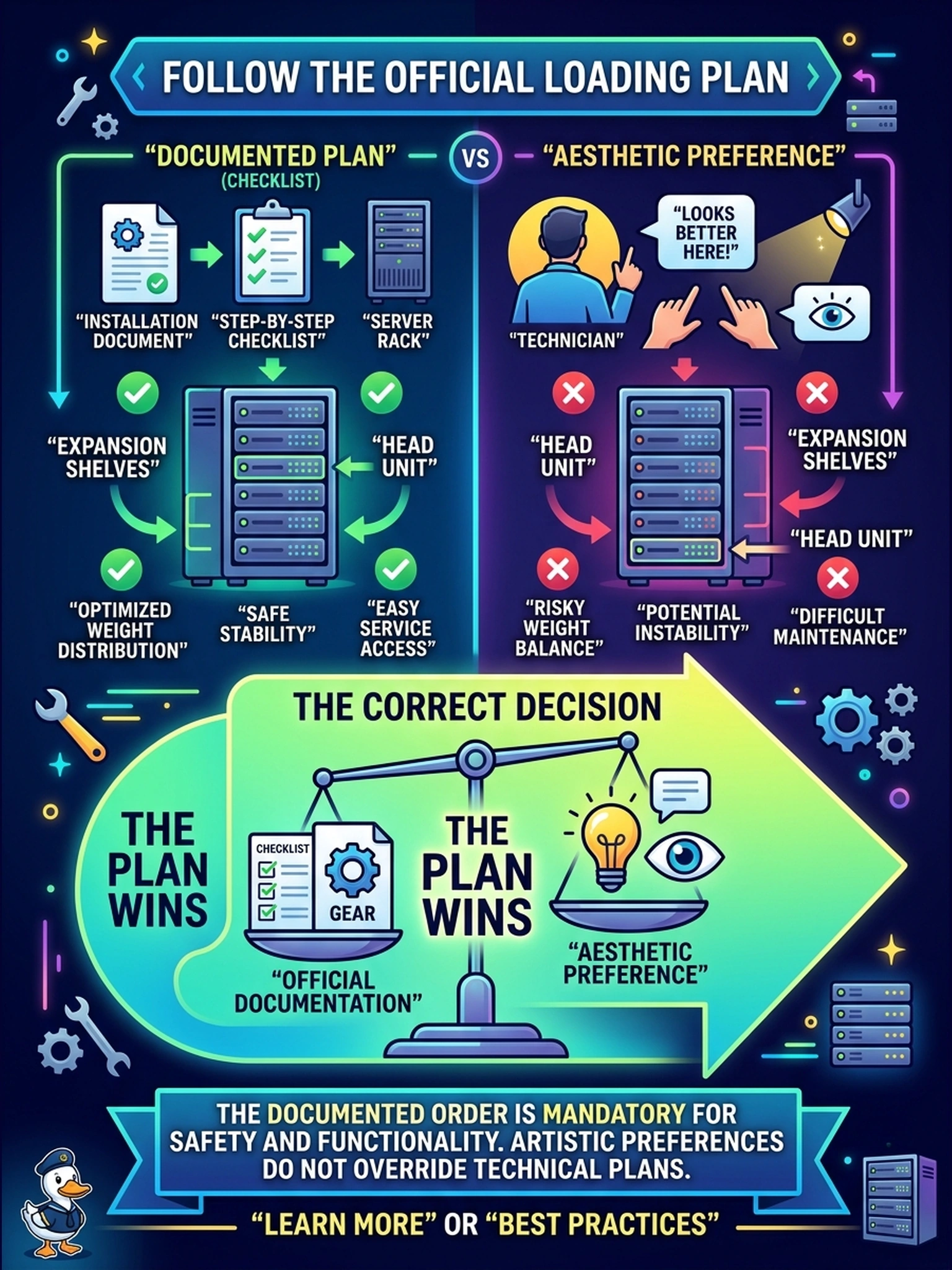 To Create an exciting colorful infographic that explains the concepts in the question: Question: The checklist's loading plan puts the expansion shelves at the lowest rack positions, but the customer's technician wants the head unit at the bottom 'because the lights look better down there.' What wins? Correct Answer: The documented loading order: the checklist and installation documentation prescribe head and shelf positions for weight distribution and service access, and an aesthetic preference does not override that plan. Put EVERY visible label in double quotes. No people. No A/B/C/D letters. In one of the four corners put a little "Navy Duck".