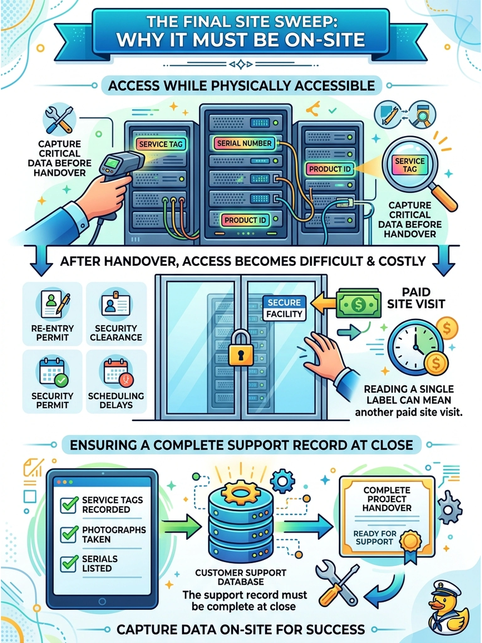 To Create an exciting colorful infographic that explains the concepts in the question: Question: Leaving the server room, the engineer runs the checklist's final sweep: service tags recorded, photographs taken, serials listed. A colleague suggests doing that later from the shipping paperwork at the hotel. Why does the checklist make it an on-site sweep? Correct Answer: Tags and serials must be captured from the installed units while they are physically accessible—after handover, reading a single label can mean another paid site visit, and the support record must be complete at close. Put EVERY visible label in double quotes. No people. No A/B/C/D letters. In one of the four corners put a little "Navy Duck".