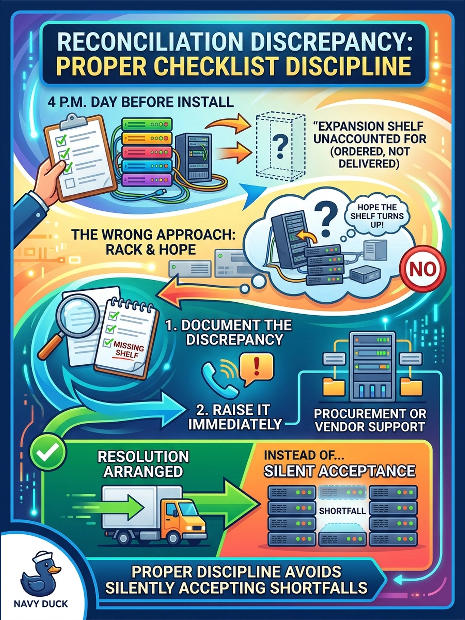 To Create an exciting colorful infographic that explains the concepts in the question: Question: Packing-list reconciliation against the checklist at 4 p.m. the day before install finds one expansion shelf unaccounted for—ordered but on no delivery record. The team wants to rack what they have and hope the shelf turns up. What does proper checklist discipline require? Correct Answer: Document the discrepancy and raise it immediately with the defined escalation contact—procurement or vendor support—before the install proceeds, so the resolution is arranged instead of the shortfall silently accepted. Put EVERY visible label in double quotes. No people. No A/B/C/D letters. In one of the four corners put a little "Navy Duck".