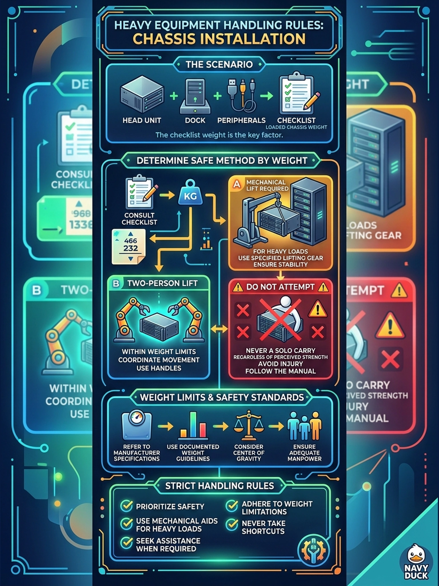 To Create an exciting colorful infographic that explains the concepts in the question: Question: A fully populated head unit sits at the dock and a single customer technician offers to carry it to the rack 'like a web server.' The installation checklist lists the loaded chassis weight. What do the handling rules require? Correct Answer: The loaded chassis weight dictates the method: a mechanical lift, or a two-person lift strictly within the documented weight limits—never a solo carry of a loaded chassis, however strong the carrier looks. Put EVERY visible label in double quotes. No people. No A/B/C/D letters. In one of the four corners put a little "Navy Duck".