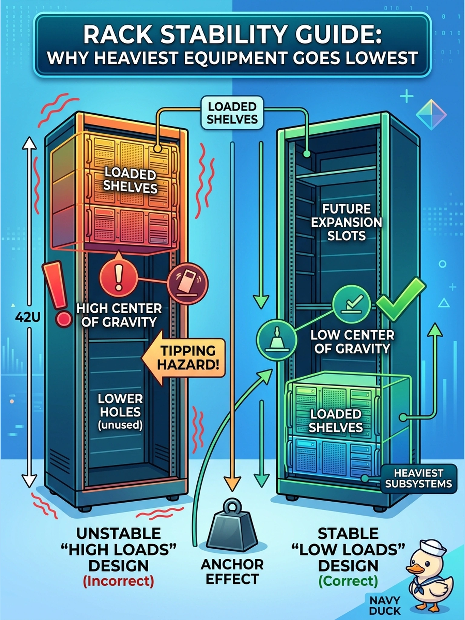 To Create an exciting colorful infographic that explains the concepts in the question: Question: An elevating plan places the fully loaded expansion shelves at the top of the rack 'to save the good lower holes for future gear.' Which physical rule does that plan violate? Correct Answer: Heaviest subsystems mount lowest: keeping the rack's center of gravity near the floor keeps a tall rack stable, and heavy shelves loaded high create a tipping hazard. Put EVERY visible label in double quotes. No people. No A/B/C/D letters. In one of the four corners put a little "Navy Duck".