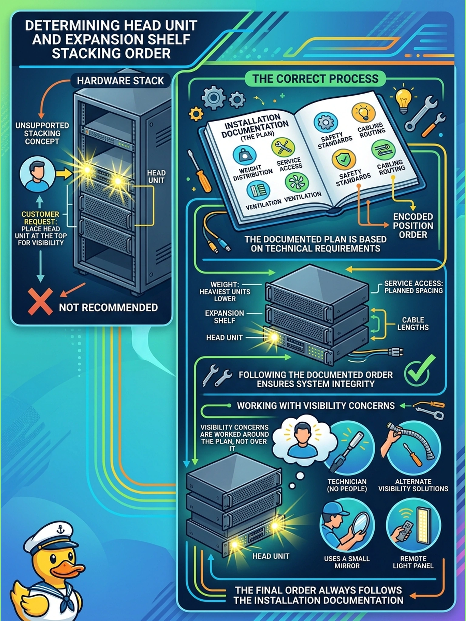 To Create an exciting colorful infographic that explains the concepts in the question: Question: The customer insists the head unit be racked above both expansion shelves because its status lights face the aisle. What determines the final stacking order? Correct Answer: The documented position order for head and shelves in the installation documentation: the plan encodes weight and service requirements, and visibility concerns are worked around the plan, not over it. Put EVERY visible label in double quotes. No people. No A/B/C/D letters. In one of the four corners put a little "Navy Duck".