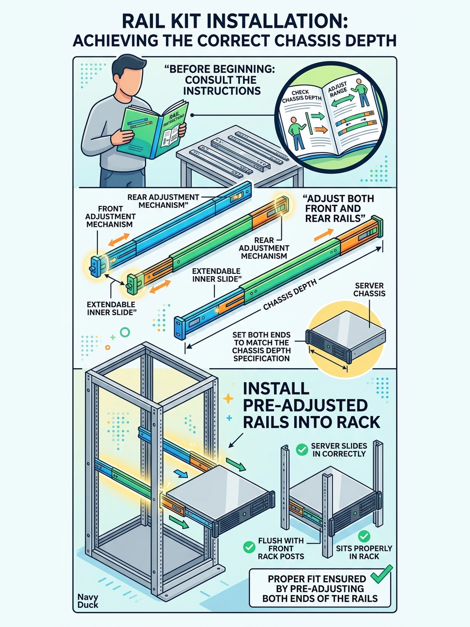 To Create an exciting colorful infographic that explains the concepts in the question: Question: Rails are installed in a four-post rack, but the rear brackets ended up at a depth that will leave the chassis sticking far out past the rack's rear posts. What should have been adjusted before the unit was offered to the rack? Correct Answer: Both the front and rear rail positions: four-post rail kits adjust at both ends, and both must be set to the chassis depth from the rail instructions before the unit slides in. Put EVERY visible label in double quotes. No people. No A/B/C/D letters. In one of the four corners put a little "Navy Duck".