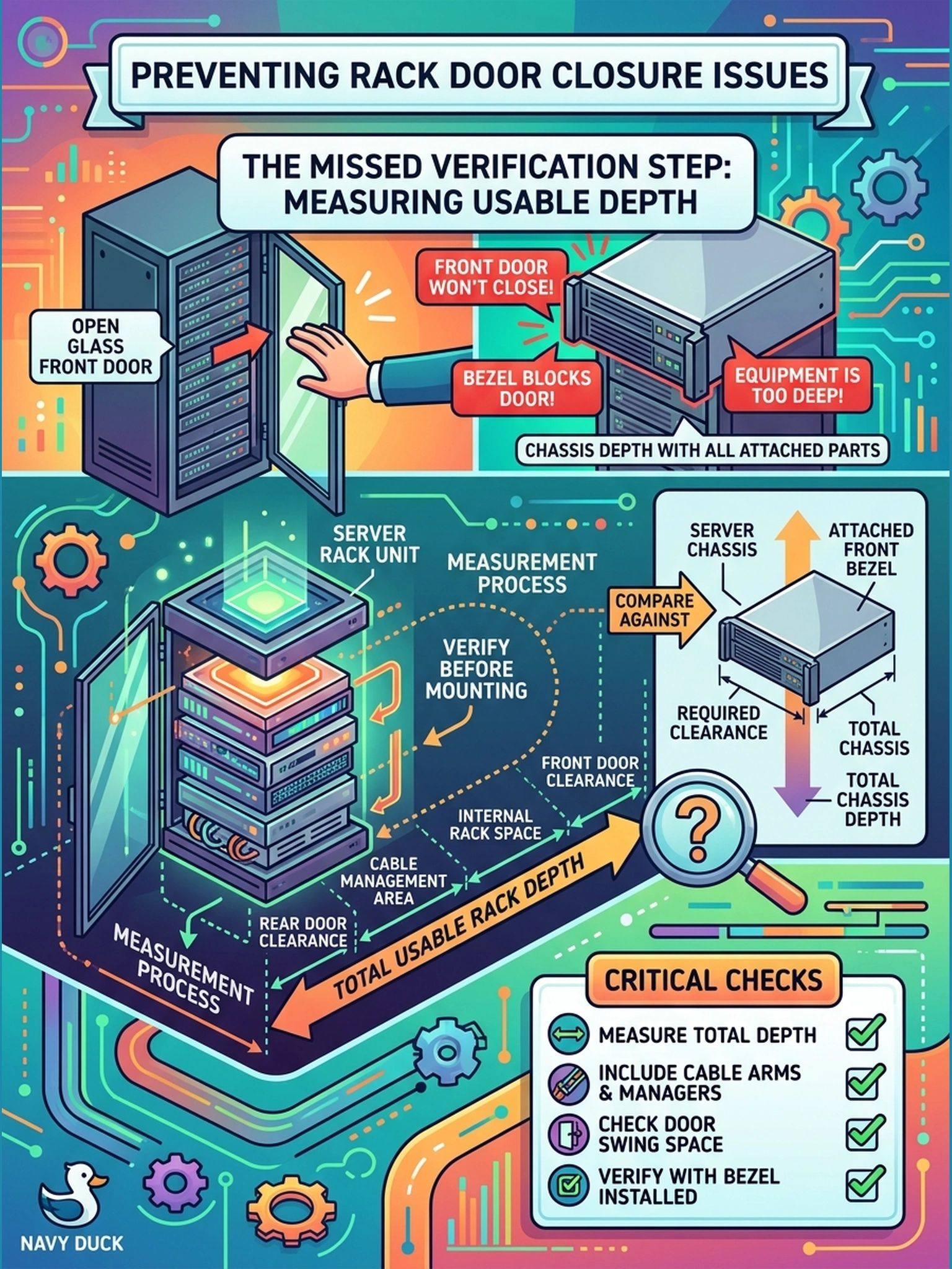To Create an exciting colorful infographic that explains the concepts in the question: Question: After the unit is mounted with its bezel attached, the rack's glass front door will not close. Which verification step was missed before mounting? Correct Answer: Comparing the rack's usable depth—including front and rear doors and cable management—against the chassis depth with all attached parts, before committing to the mounting position. Put EVERY visible label in double quotes. No people. No A/B/C/D letters. In one of the four corners put a little "Navy Duck".