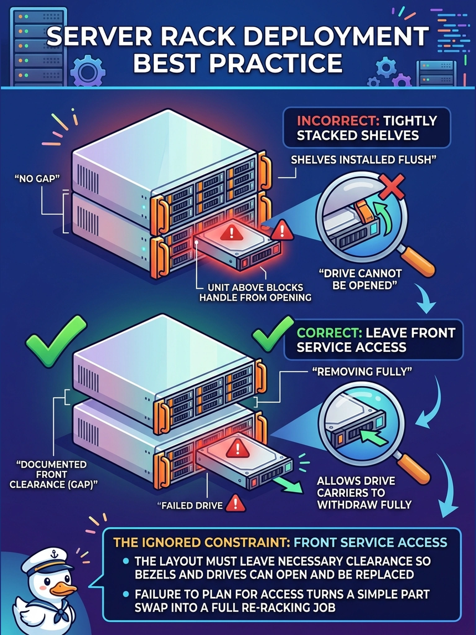 To Create an exciting colorful infographic that explains the concepts in the question: Question: Expansion shelves were stacked flush with no gap, and now a failed drive in the lower unit cannot have its carrier opened because the unit above blocks the handle. What constraint did the original stacking ignore? Correct Answer: Front service access: the layout must leave the documented front clearance so drive carriers and bezels open and withdraw fully—otherwise a failed drive becomes a re-racking job. Put EVERY visible label in double quotes. No people. No A/B/C/D letters. In one of the four corners put a little "Navy Duck".