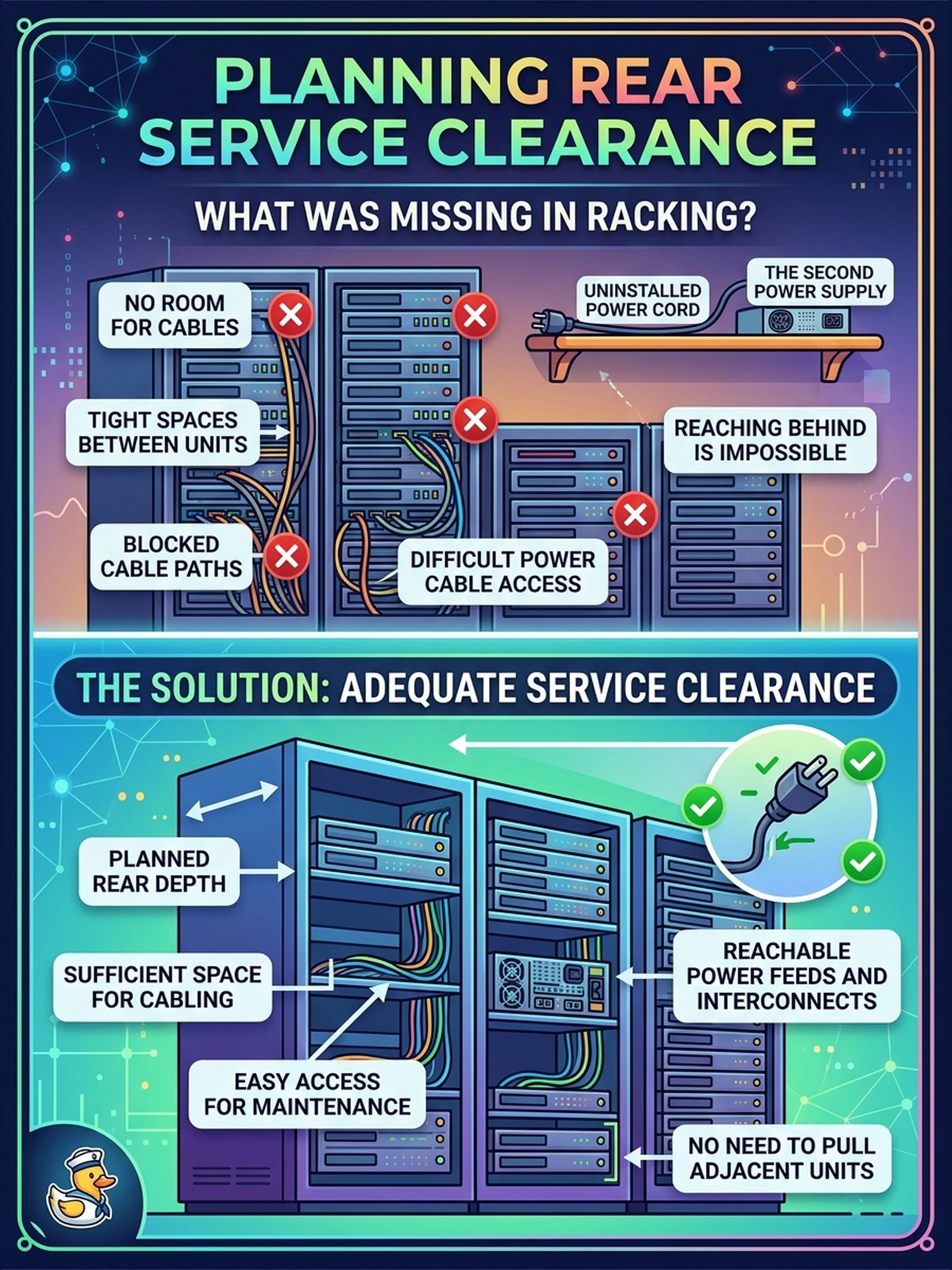 To Create an exciting colorful infographic that explains the concepts in the question: Question: Cabling the second power supply of an upper shelf means reaching behind a neighboring chassis at the rear, and there is no room to route the cord. What should have been planned during the racking? Correct Answer: Rear service clearance: the depth and room behind each unit for both power feeds and interconnects to be routed and reachable, planned during racking so maintenance never requires pulling adjacent units. Put EVERY visible label in double quotes. No people. No A/B/C/D letters. In one of the four corners put a little "Navy Duck".