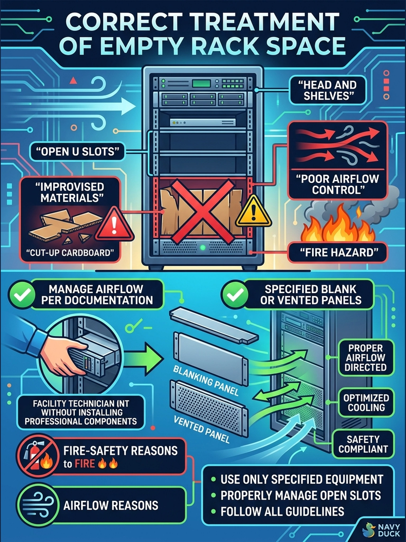 To Create an exciting colorful infographic that explains the concepts in the question: Question: After the head and shelves are installed, the rack has open U slots, and the customer's facilities tech stuffs them with cut-up cardboard 'to direct airflow.' What is the correct treatment of empty rack space? Correct Answer: Manage airflow per the documentation: use the specified blank or vented panels for empty slots—improvised materials like cardboard are prohibited for fire-safety and airflow reasons. Put EVERY visible label in double quotes. No people. No A/B/C/D letters. In one of the four corners put a little "Navy Duck".