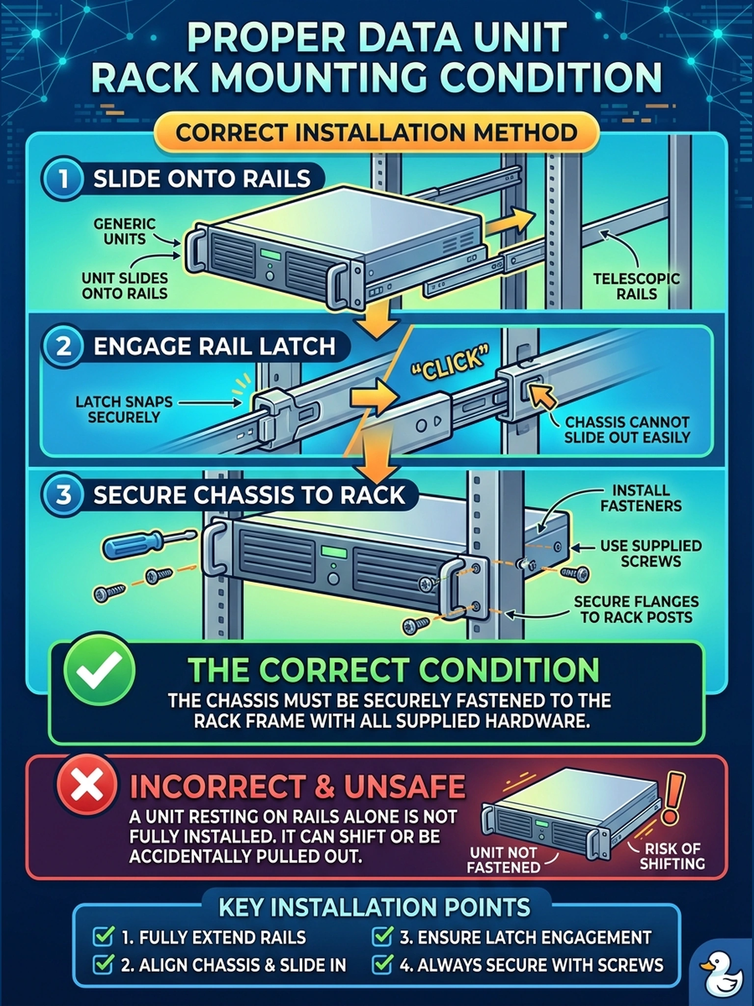 To Create an exciting colorful infographic that explains the concepts in the question: Question: A Data Domain head unit slides smoothly onto its rail kit, the installer hears the latch click, and he walks away for lunch with the chassis resting on the rails and nothing else fastened. What is the correct condition for a racked chassis? Correct Answer: The chassis must be secured to the rack with the fasteners supplied with the rail kit; a unit resting on rails alone is not an installed system and can shift or be pulled out. Put EVERY visible label in double quotes. No people. No A/B/C/D letters. In one of the four corners put a little "Navy Duck".