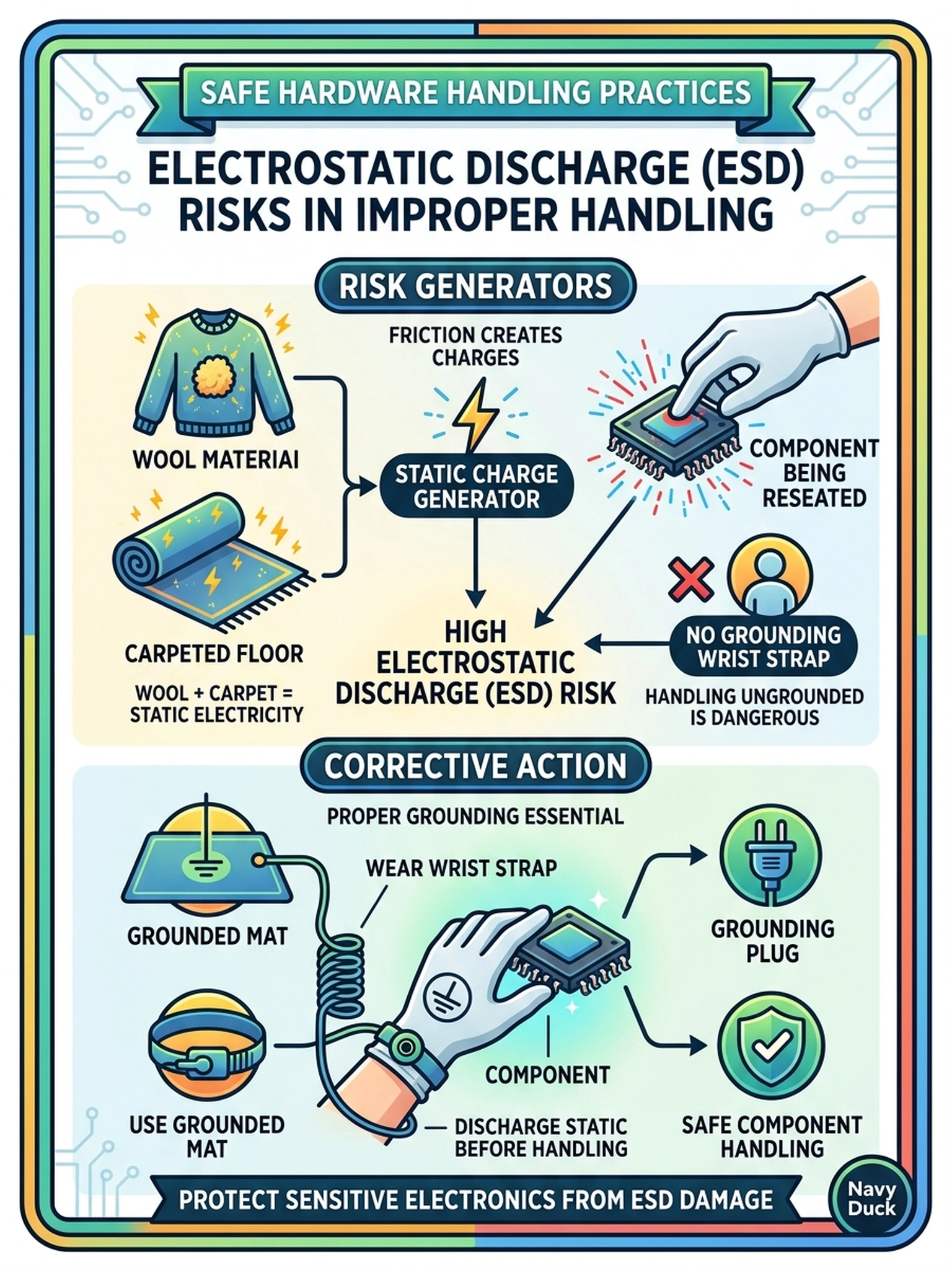To Create an exciting colorful infographic that explains the concepts in the question: Question: An engineer wearing a wool sweater kneels on carpet and pulls a component out of a Data Domain shelf to reseat it, with no wrist strap or grounded mat anywhere nearby. What is wrong with this handling? Correct Answer: Every electrostatic precaution is being ignored: wool plus carpet is a charge generator, and the component should never be handled until the person handling it is properly grounded. Put EVERY visible label in double quotes. No people. No A/B/C/D letters. In one of the four corners put a little "Navy Duck".
