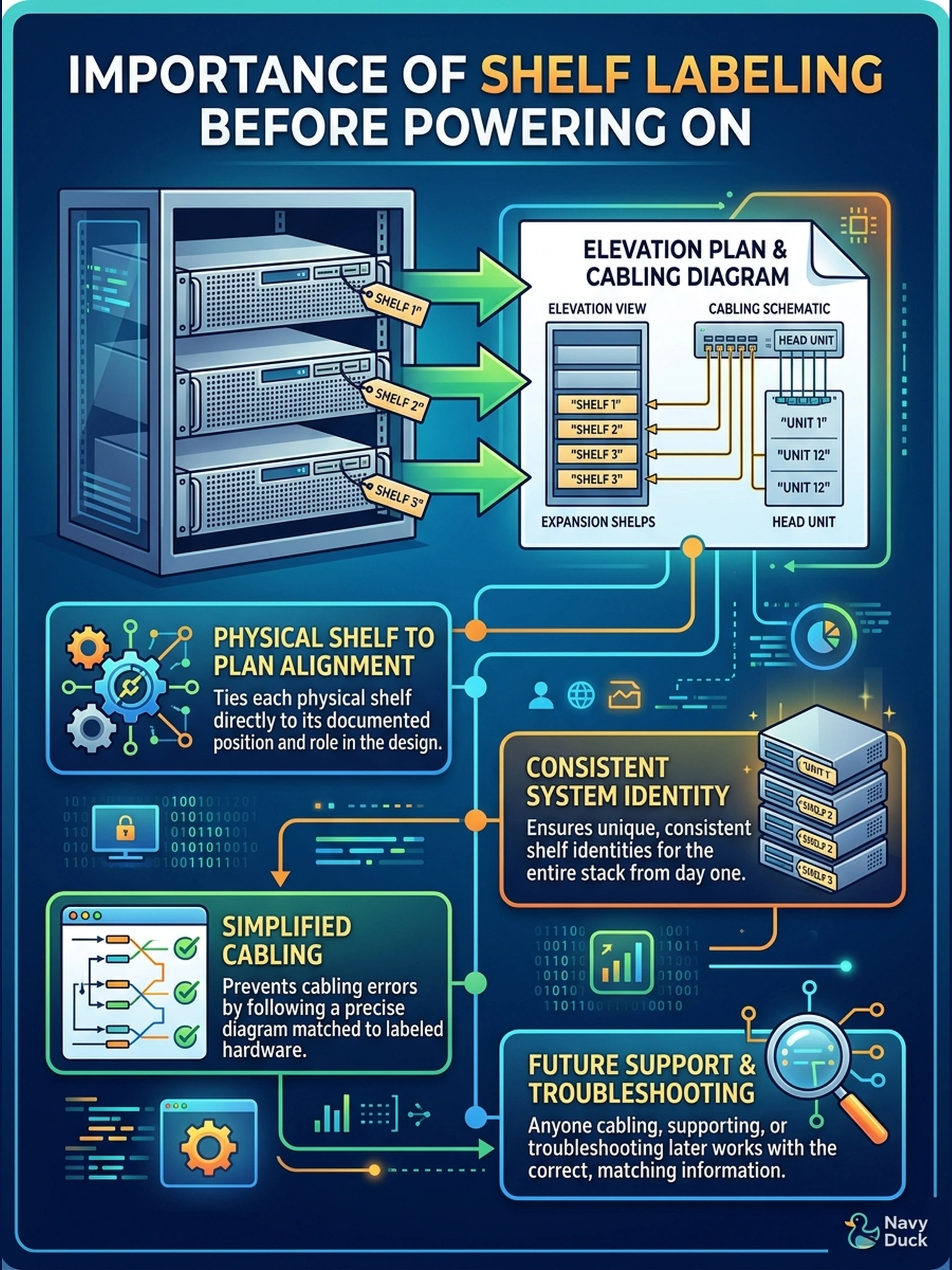 To Create an exciting colorful infographic that explains the concepts in the question: Question: Three identical expansion shelves are racked for one Data Domain head, and before powering anything on the tech labels each shelf with its planned position number from the elevation drawing. What does that labeling accomplish? Correct Answer: It ties each physical shelf to its place in the documented cabling and elevation plan, so whoever cables, supports, or troubleshoots the stack later is looking at the same shelf identity. Put EVERY visible label in double quotes. No people. No A/B/C/D letters. In one of the four corners put a little "Navy Duck".