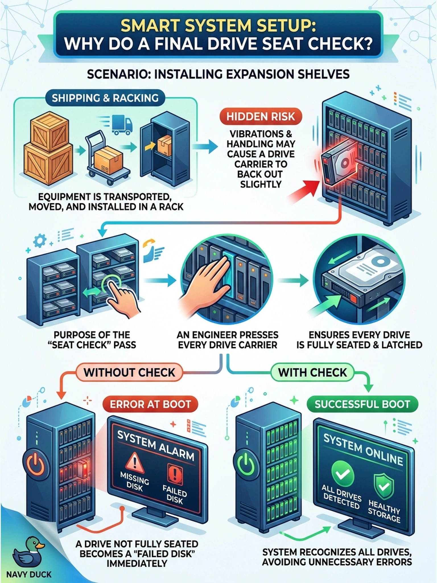 To Create an exciting colorful infographic that explains the concepts in the question: Question: An install crew racks and cables three expansion shelves straight from their shipping crates. Before applying power, one engineer walks the front of every shelf pressing each drive carrier to confirm it is in and latched. What is the purpose of that pass? Correct Answer: It confirms every drive seated fully after the physical handling of shipping and racking, because a carrier backed out in transit becomes a missing or failed disk the moment the system boots. Put EVERY visible label in double quotes. No people. No A/B/C/D letters. In one of the four corners put a little "Navy Duck".