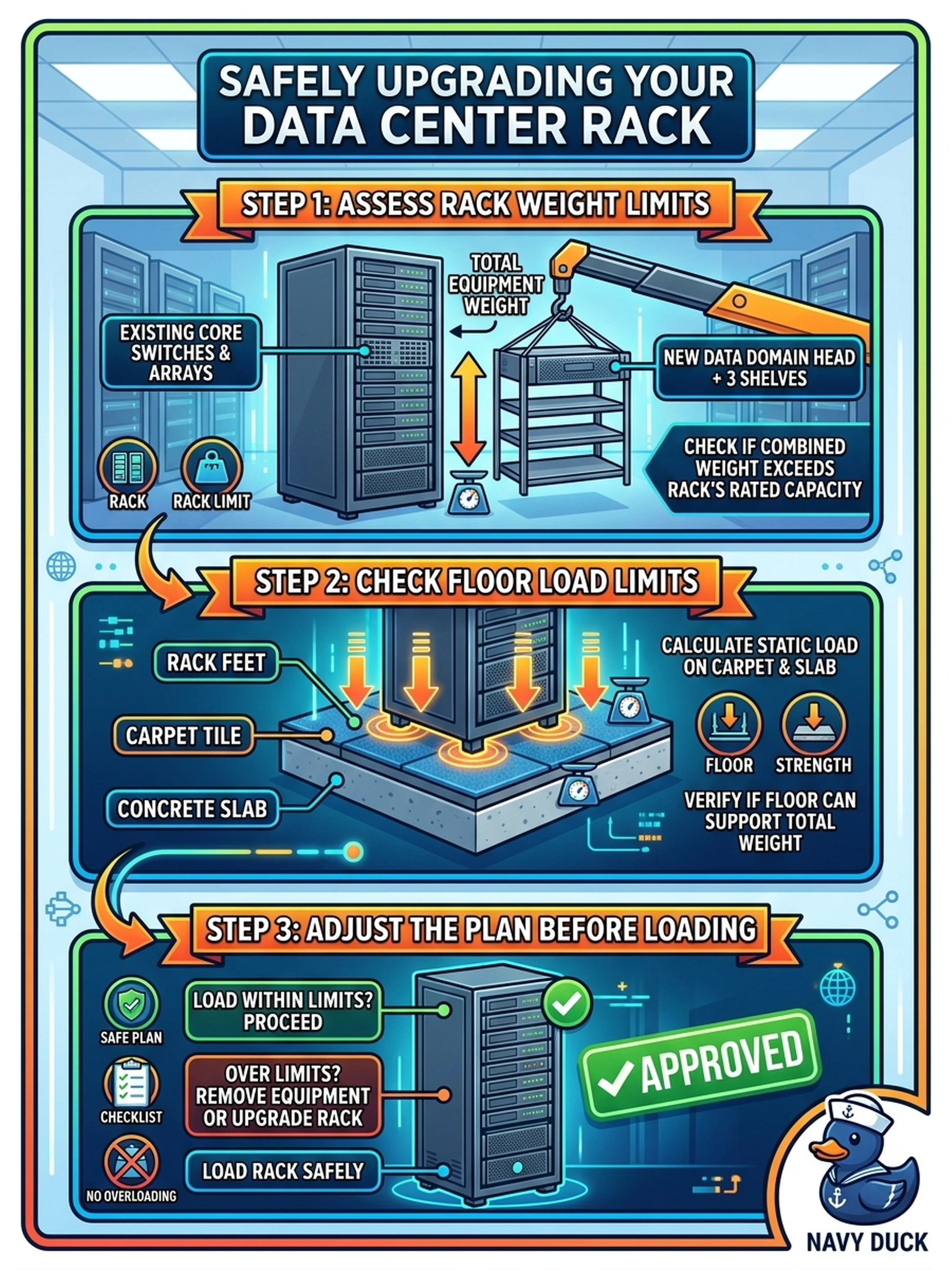 To Create an exciting colorful infographic that explains the concepts in the question: Question: A fully loaded Data Domain head plus three shelves is scheduled into an older rack that already carries core switches and two aging arrays, over carpet tile on a concrete slab. What must happen before this equipment is loaded into the rack? Correct Answer: The combined weight of existing and new equipment must be assessed against the rack's rated load limit and the floor's limits, with the plan adjusted before any hardware moves in. Put EVERY visible label in double quotes. No people. No A/B/C/D letters. In one of the four corners put a little "Navy Duck".