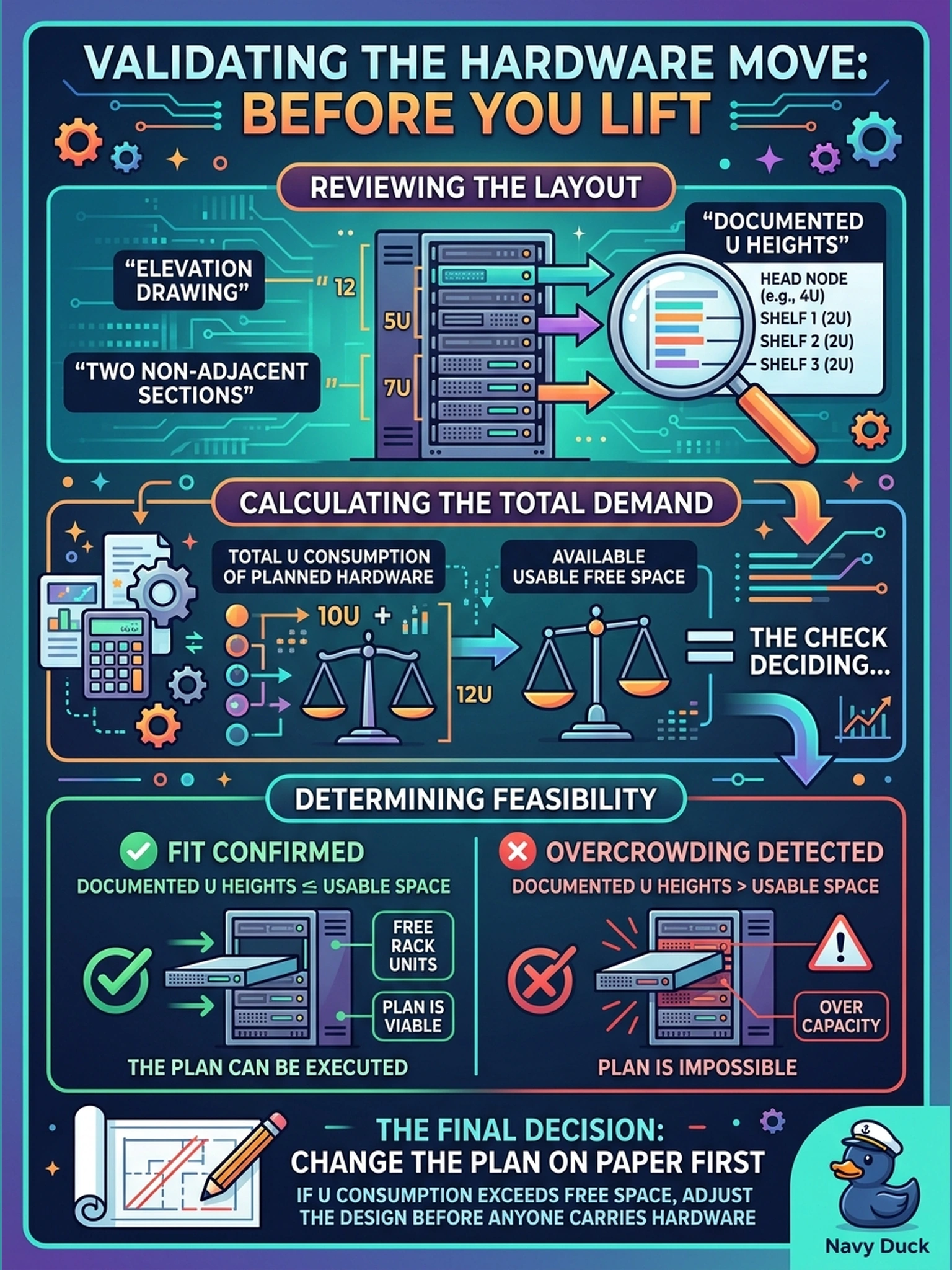 To Create an exciting colorful infographic that explains the concepts in the question: Question: An elevation drawing shows twelve free rack units spread across two non-adjacent sections. Before moving hardware, the engineer totals the documented U heights of the head and all planned shelves. What is that check deciding? Correct Answer: Whether the rack can physically hold the planned stack — if documented U consumption exceeds the usable free space, the plan changes on paper before anyone carries anything in. Put EVERY visible label in double quotes. No people. No A/B/C/D letters. In one of the four corners put a little "Navy Duck".