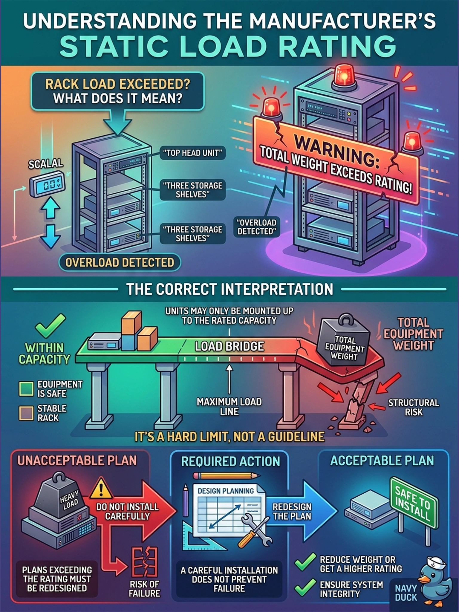 To Create an exciting colorful infographic that explains the concepts in the question: Question: Once the head and all three shelves are mounted, a reviewer notices the installed total exceeds the rack manufacturer's published static load rating. What does that rating mean in this situation? Correct Answer: It is a hard limit: units may be mounted in that rack only up to the manufacturer's rated capacity, so a plan that exceeds it must be redesigned, not merely installed carefully. Put EVERY visible label in double quotes. No people. No A/B/C/D letters. In one of the four corners put a little "Navy Duck".