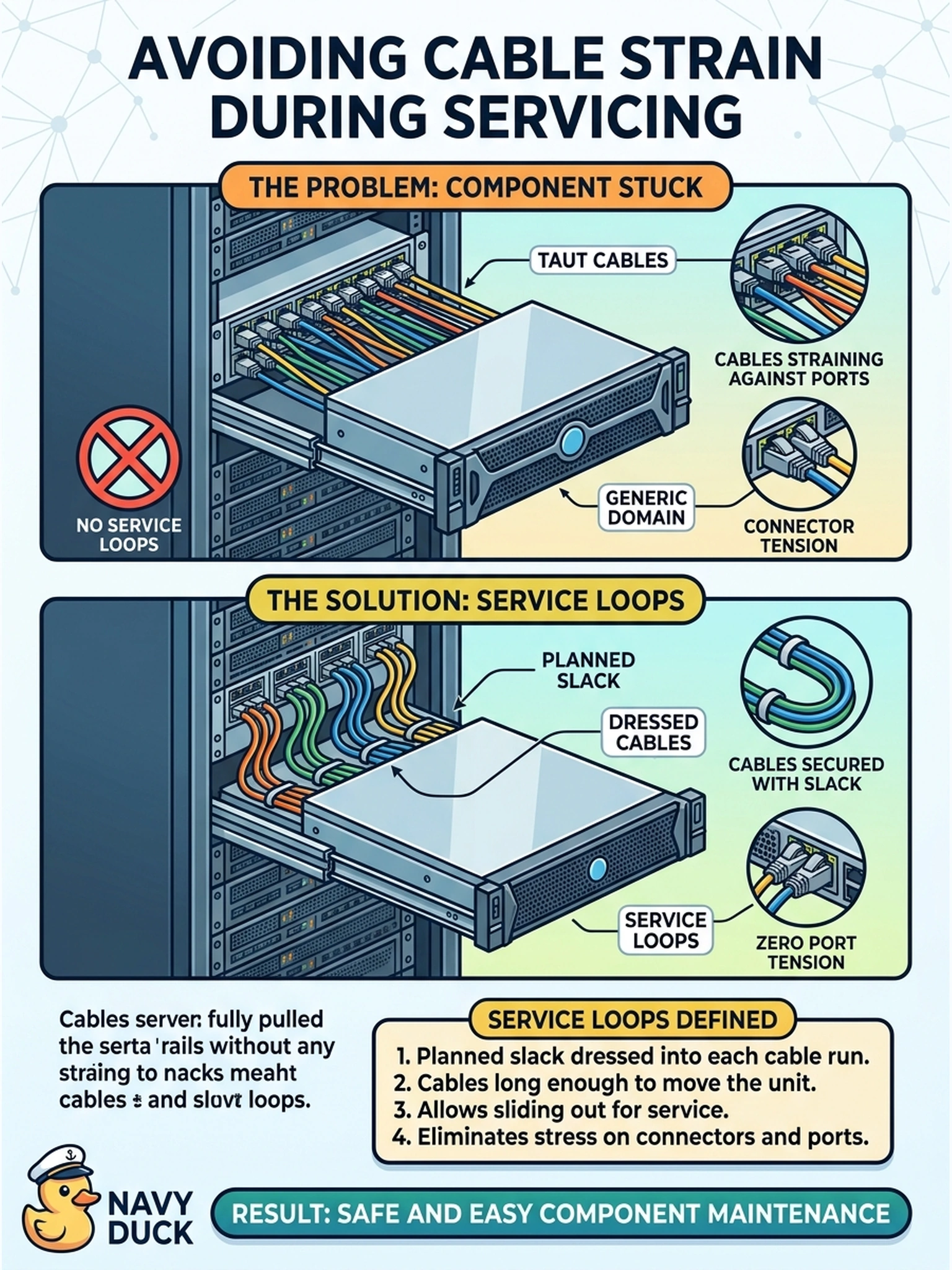To Create an exciting colorful infographic that explains the concepts in the question: Question: To reseat a component, a technician pulls a fully cabled Data Domain head partway from the rack; every rear cable is pulled taut, and the connectors are straining against their ports. What was missed when the cables were installed? Correct Answer: Service loops — planned slack dressed into each run so the unit can slide out for service without tugging its connectors; cables must be long enough to move the unit with zero port tension. Put EVERY visible label in double quotes. No people. No A/B/C/D letters. In one of the four corners put a little "Navy Duck".