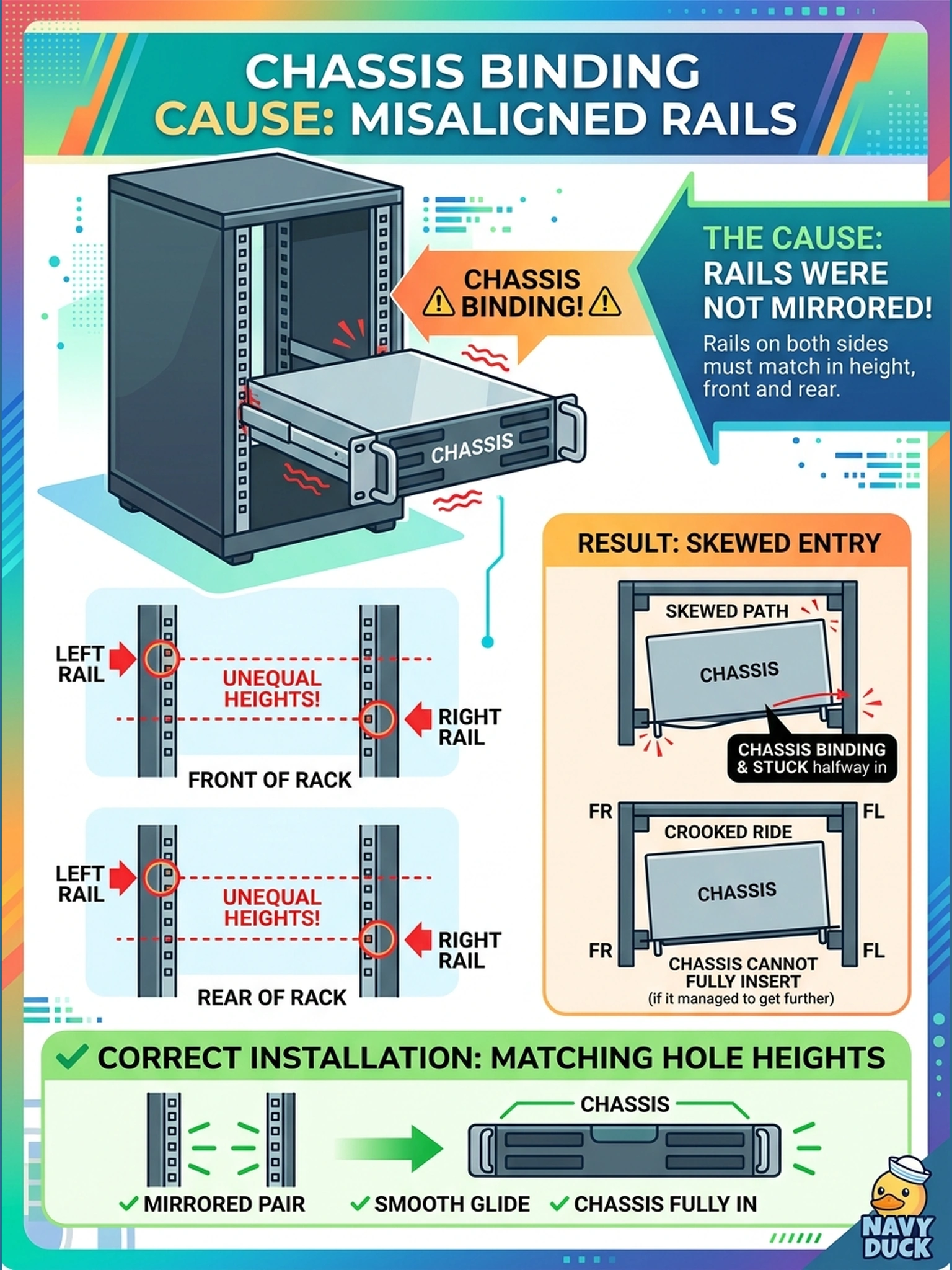 To Create an exciting colorful infographic that explains the concepts in the question: Question: While a chassis is being slid in, the team finds the left rail sits one hole higher than the right, and the chassis binds halfway in. What was wrong with the rail installation? Correct Answer: The rails were not mirrored to the same hole height on both sides front and rear; the two sides must match each other, or the chassis enters skewed and binds or rides crooked. Put EVERY visible label in double quotes. No people. No A/B/C/D letters. In one of the four corners put a little "Navy Duck".