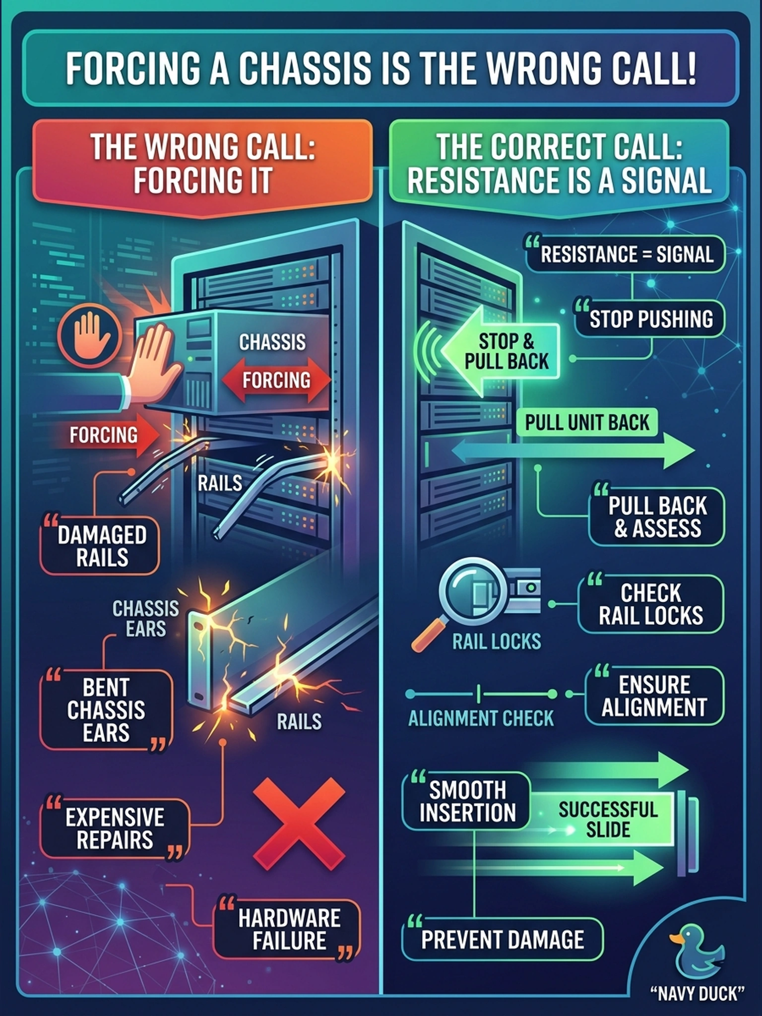 To Create an exciting colorful infographic that explains the concepts in the question: Question: Mid-slide, a Data Domain head meets firm resistance, and the team leader tells the crew to 'push through it.' Why is forcing the chassis the wrong call? Correct Answer: Resistance is a signal — stop, pull the unit back, and check rail locks and alignment before continuing; forcing a chassis damages the rails, the chassis ears, or both. Put EVERY visible label in double quotes. No people. No A/B/C/D letters. In one of the four corners put a little "Navy Duck".