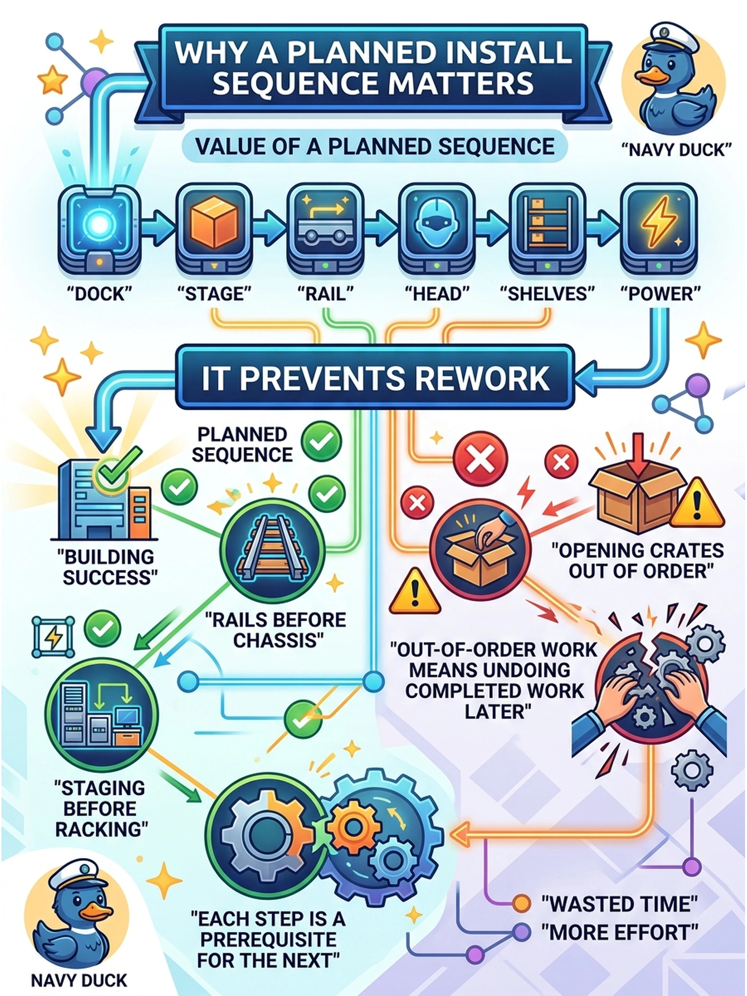 To Create an exciting colorful infographic that explains the concepts in the question: Question: The install-day schedule lists dock, stage, rail, head, shelves, and power as ordered steps instead of letting the crew open whichever crate is handiest. What is the value of a planned install sequence? Correct Answer: It prevents rework — rails before chassis, staging before racking — because each step is a prerequisite for the next, and out-of-order work means undoing completed work later. Put EVERY visible label in double quotes. No people. No A/B/C/D letters. In one of the four corners put a little "Navy Duck".