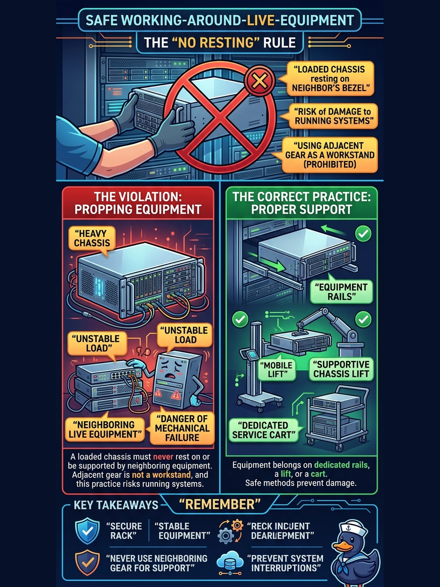 To Create an exciting colorful infographic that explains the concepts in the question: Question: In a shared rack, live production gear sits right beside the work area, and a technician props a loaded chassis's corner against the neighbor's bezel to free both hands. Which working-around-live-equipment rule is being broken? Correct Answer: A loaded chassis must never rest on or be supported by neighboring equipment — it belongs on rails, a lift, or a cart; adjacent gear is not a workstand, and the practice risks running systems. Put EVERY visible label in double quotes. No people. No A/B/C/D letters. In one of the four corners put a little "Navy Duck".