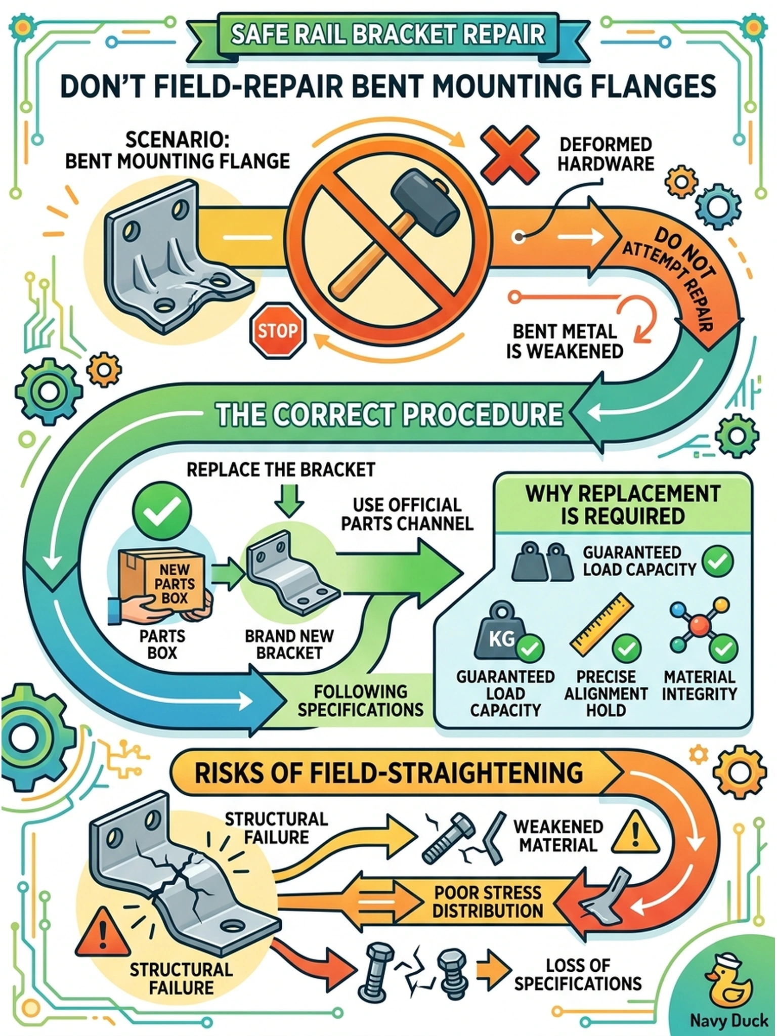 To Create an exciting colorful infographic that explains the concepts in the question: Question: A rail bracket arrives with a bent mounting flange, and the tech reaches for a rubber mallet to straighten it out and press on. What should happen instead? Correct Answer: The damaged bracket should be replaced through the parts channel — deformed mounting hardware is not field-repairable, and a straightened bracket will not hold load or alignment the way the spec requires. Put EVERY visible label in double quotes. No people. No A/B/C/D letters. In one of the four corners put a little "Navy Duck".