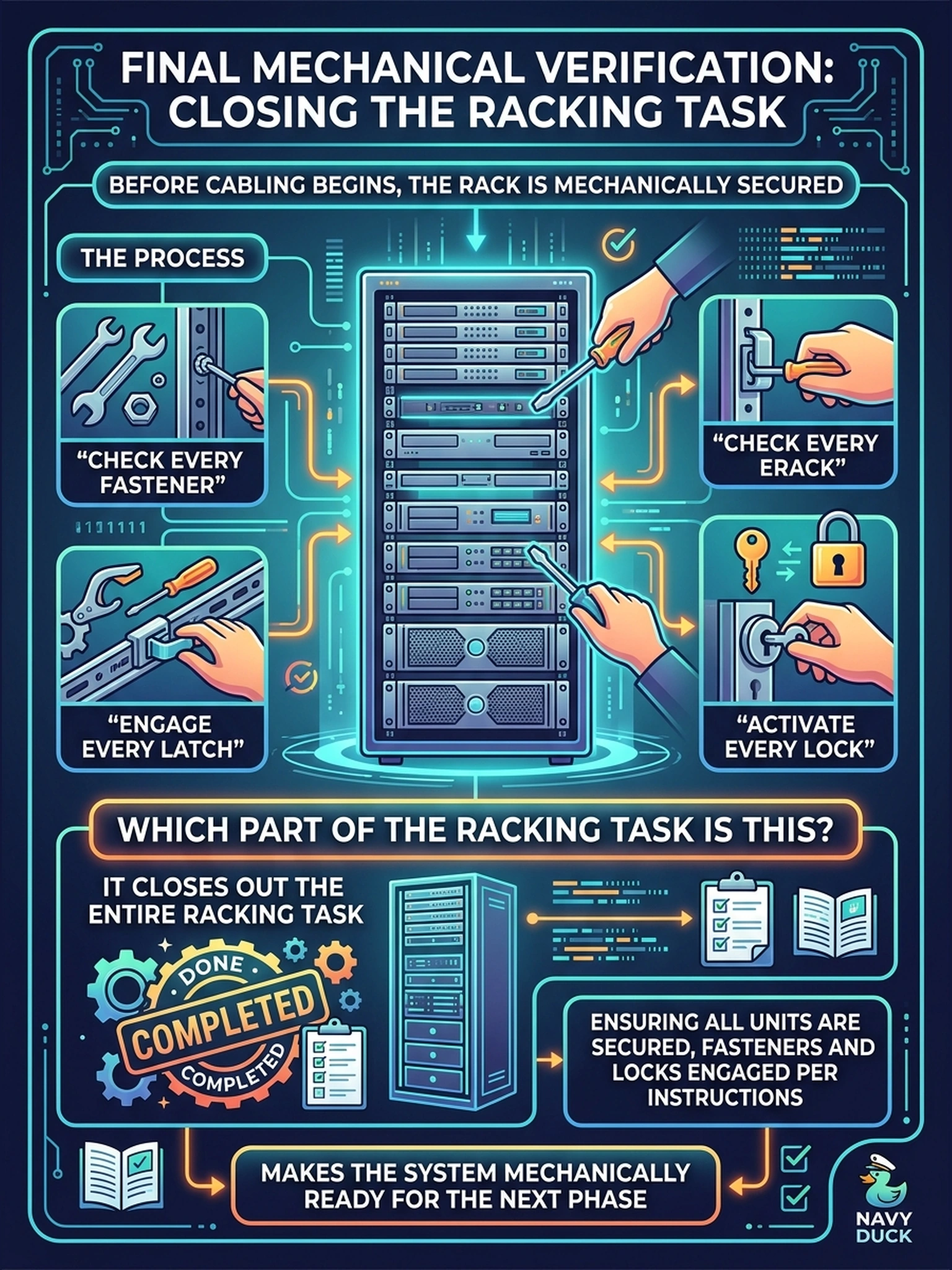 To Create an exciting colorful infographic that explains the concepts in the question: Question: Before any cable enters the rack, the lead runs a pass checking every fastener, latch, and lock across the whole head-and-shelf stack. Which part of the racking task does this close out? Correct Answer: The final mechanical verification — every unit secured, every fastener and lock engaged per the instructions — which closes the racking task itself before any cabling work begins. Put EVERY visible label in double quotes. No people. No A/B/C/D letters. In one of the four corners put a little "Navy Duck".