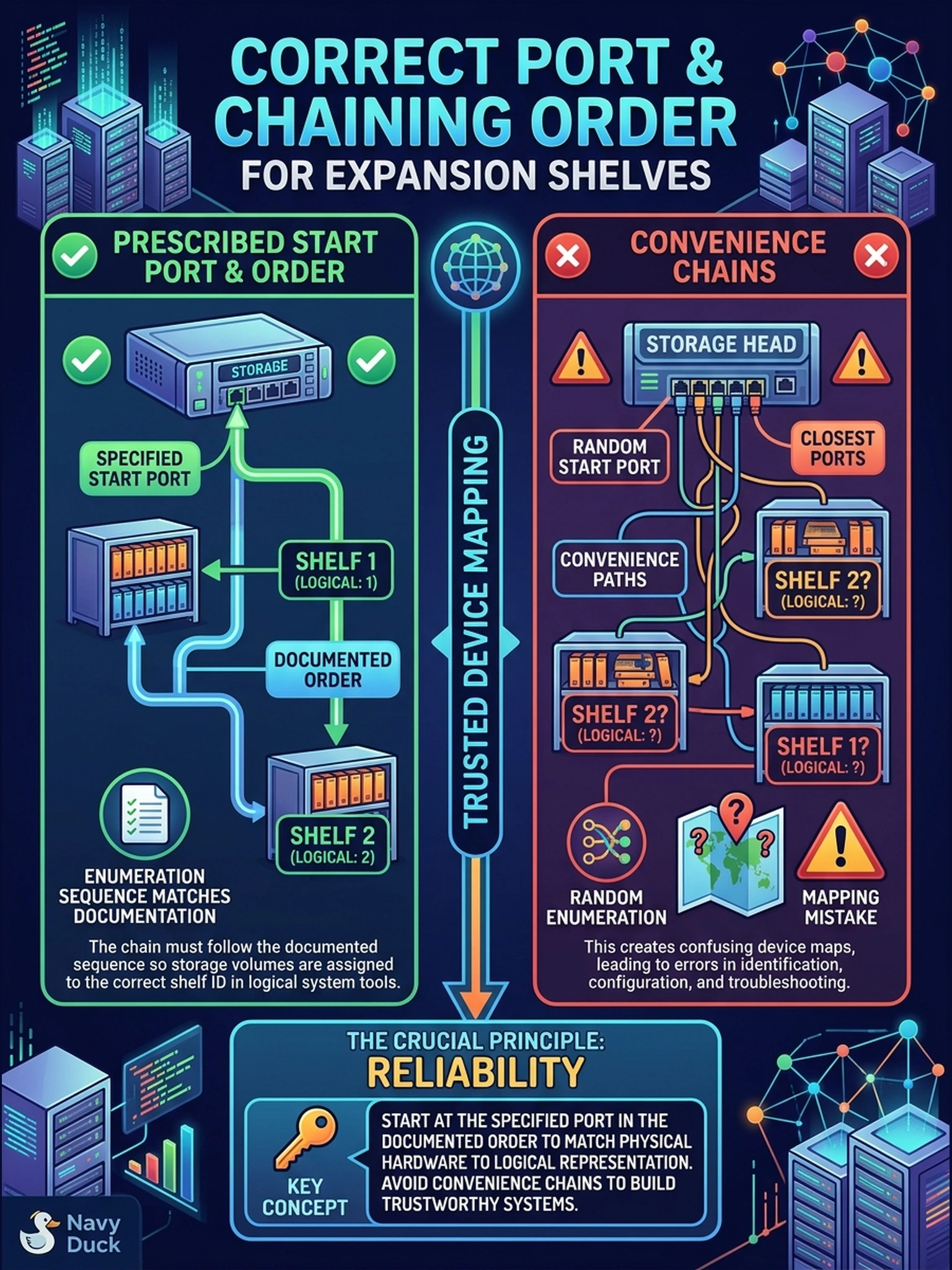 To Create an exciting colorful infographic that explains the concepts in the question: Question: Two expansion shelves must chain to the head, and a tech starts plugging into whichever ports sit closest to each shelf. Why must the chain follow the prescribed start port and order instead? Correct Answer: Because the chain must start at the specified port in the documented order so shelves enumerate in the same sequence the documentation uses — convenience chains create maps nobody trusts. Put EVERY visible label in double quotes. No people. No A/B/C/D letters. In one of the four corners put a little "Navy Duck".