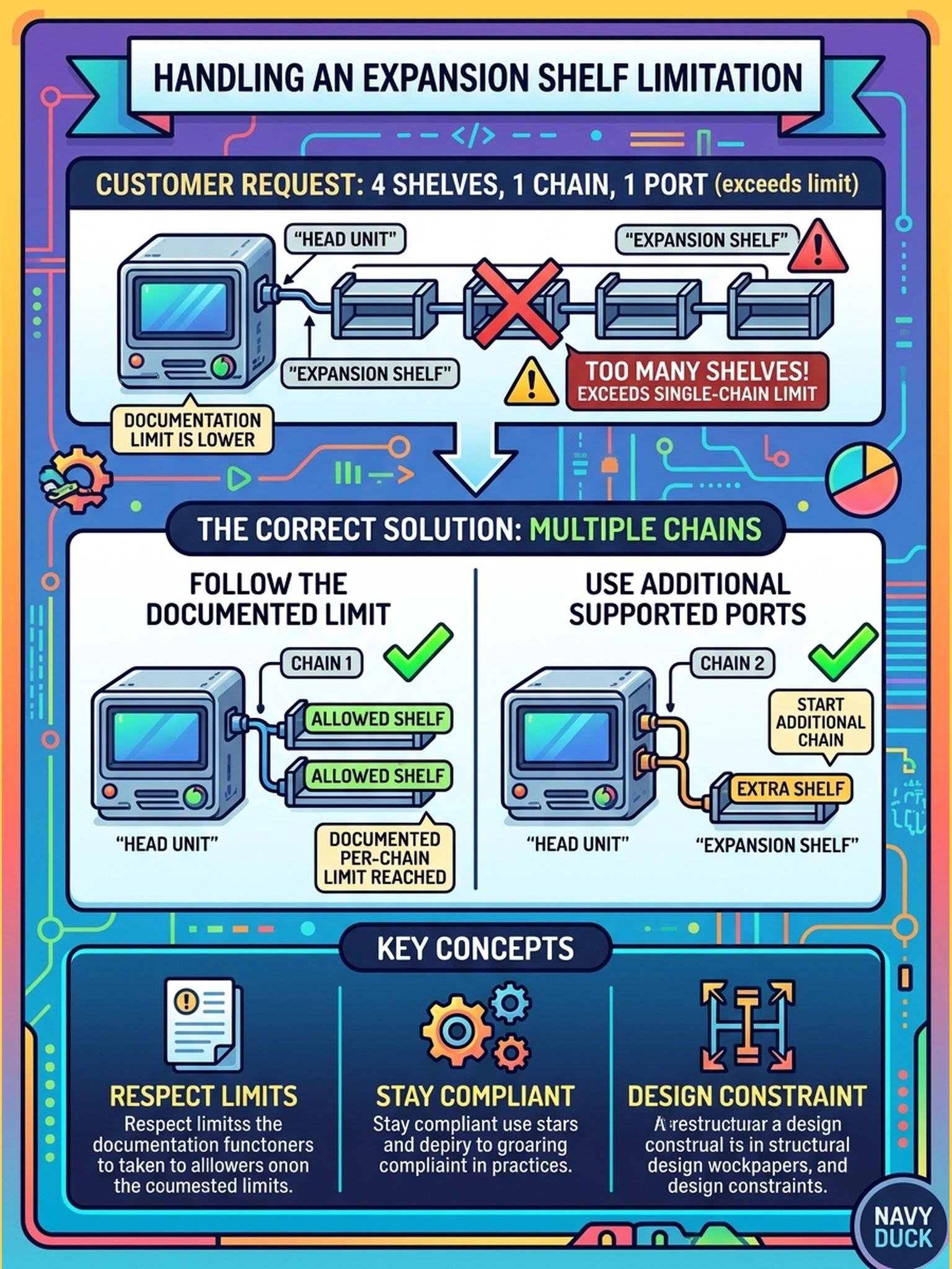 To Create an exciting colorful infographic that explains the concepts in the question: Question: The customer wants four expansion shelves on a single chain from one head port, but the platform's documentation allows fewer shelves per chain on this model. How should the installer handle that request? Correct Answer: Follow the documented per-chain limit: put the allowed number of shelves on each chain and start the extra shelf on another supported port as an additional chain — the limit is a design constraint. Put EVERY visible label in double quotes. No people. No A/B/C/D letters. In one of the four corners put a little "Navy Duck".