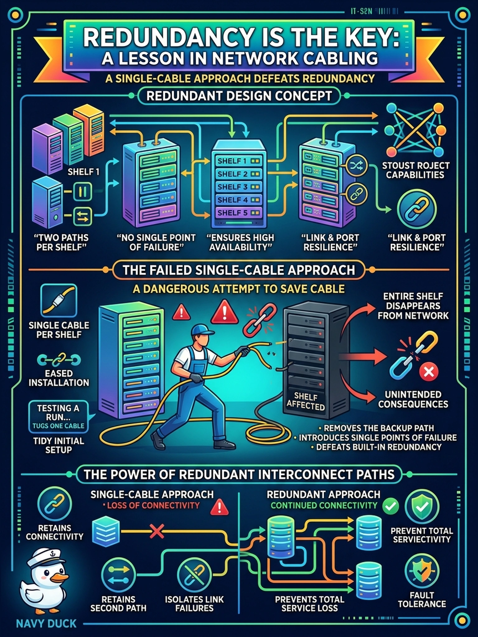 To Create an exciting colorful infographic that explains the concepts in the question: Question: To save cable, an installer runs a single interconnect from each shelf to the head; the run looks tidy until testing tugs one cable and a shelf disappears. What did the single-cable approach defeat? Correct Answer: The redundant interconnect paths the shelf cabling design provides — each shelf is meant to keep a second path so that no single cable, port, or link failure can take it offline. Put EVERY visible label in double quotes. No people. No A/B/C/D letters. In one of the four corners put a little "Navy Duck".