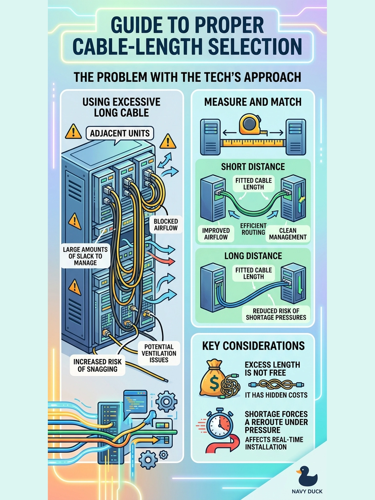 To Create an exciting colorful infographic that explains the concepts in the question: Question: The kit includes both short and long interconnect cables, and the tech grabs a long one for every link between adjacent units. What is the correct thinking on cable-length selection? Correct Answer: Match the cable length to the measured run: excess length is not free — it is slack to manage that can snag or choke airflow — while shortage forces a reroute under real time pressure. Put EVERY visible label in double quotes. No people. No A/B/C/D letters. In one of the four corners put a little "Navy Duck".