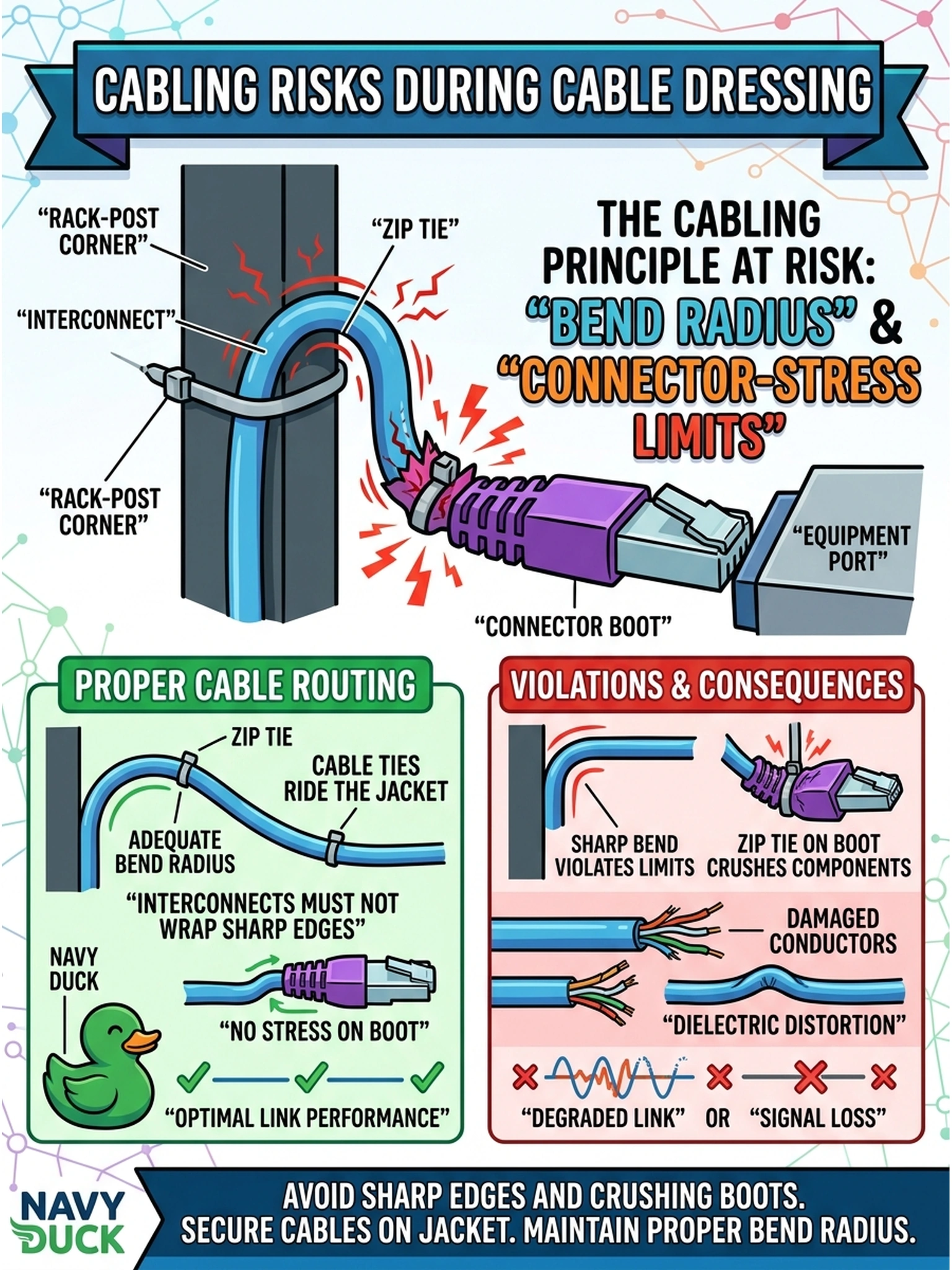 To Create an exciting colorful infographic that explains the concepts in the question: Question: During cable dressing an interconnect gets routed around a sharp rack-post corner and cinched tight with a zip tie pressed against the connector boot. Which cabling principle is at risk here? Correct Answer: Bend radius and connector-stress limits — interconnects must not wrap sharp edges or be cinched at the boot; ties ride the jacket, and violating these limits damages cables or degrades the link. Put EVERY visible label in double quotes. No people. No A/B/C/D letters. In one of the four corners put a little "Navy Duck".